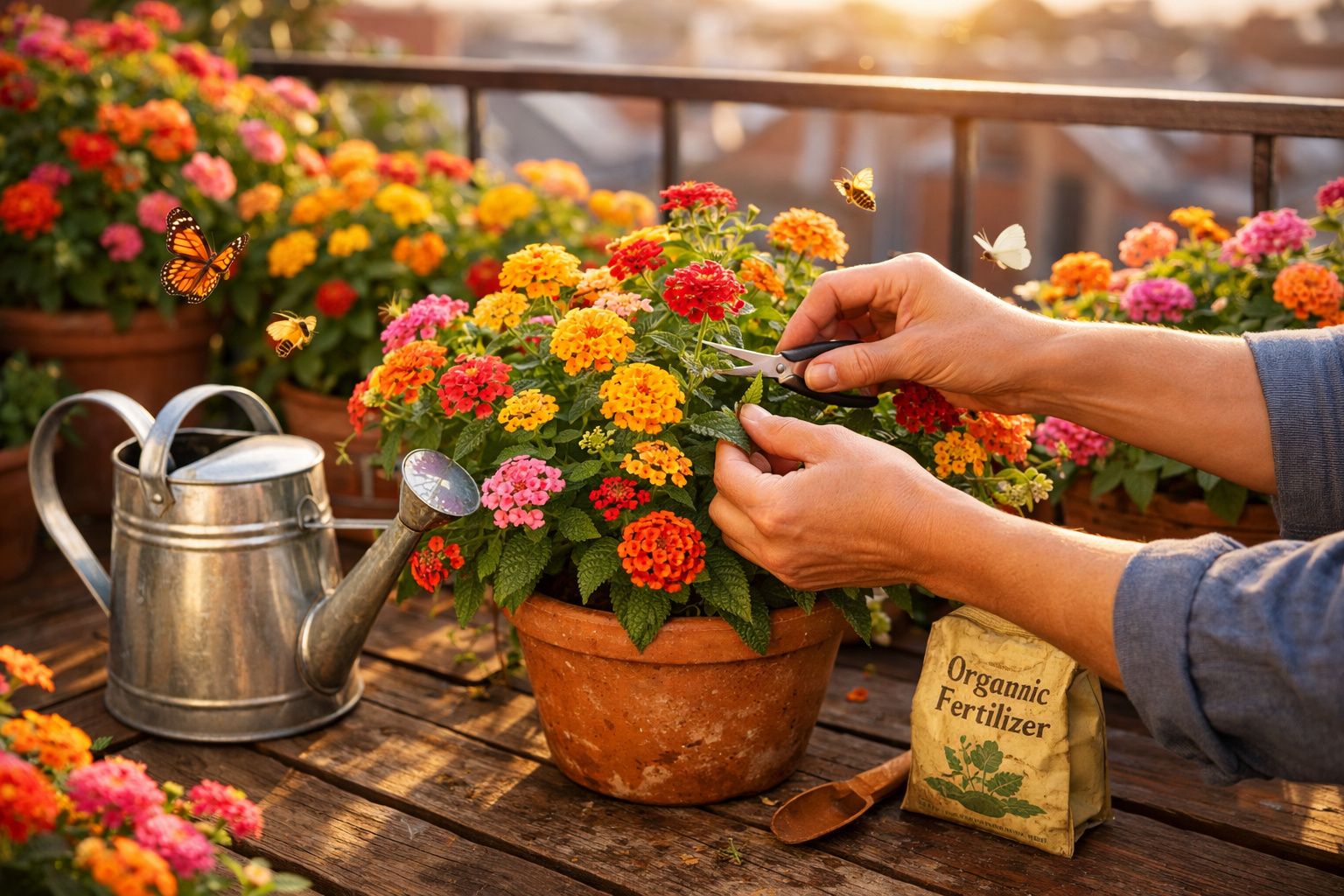 Mãos podam flores coloridas num vaso com regador metálico e fertilizante orgânico numa varanda ensolarada.