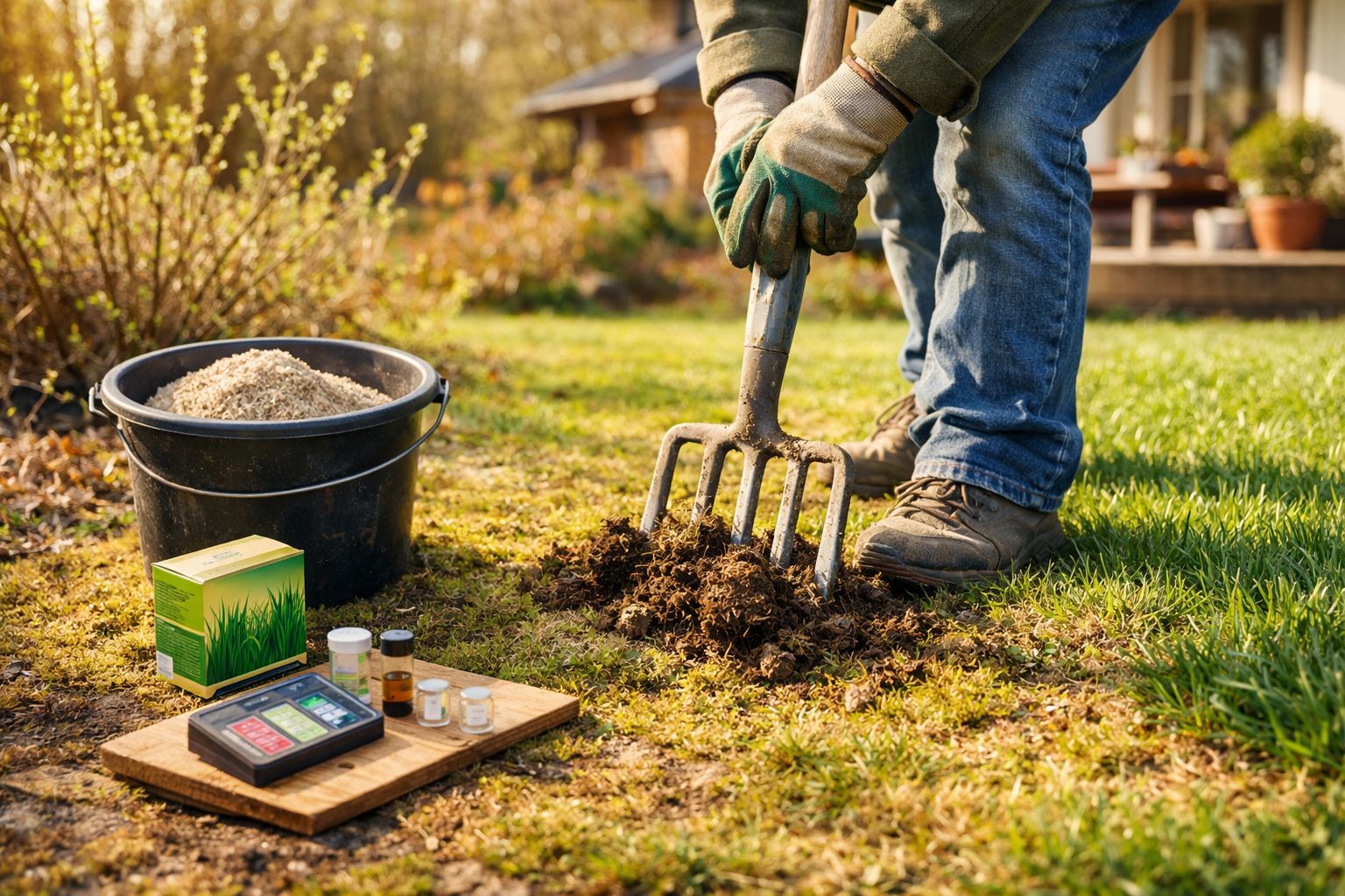 Pessoa a usar garfo de jardinagem para mexer terra num jardim com ferramentas e fertilizantes ao lado.