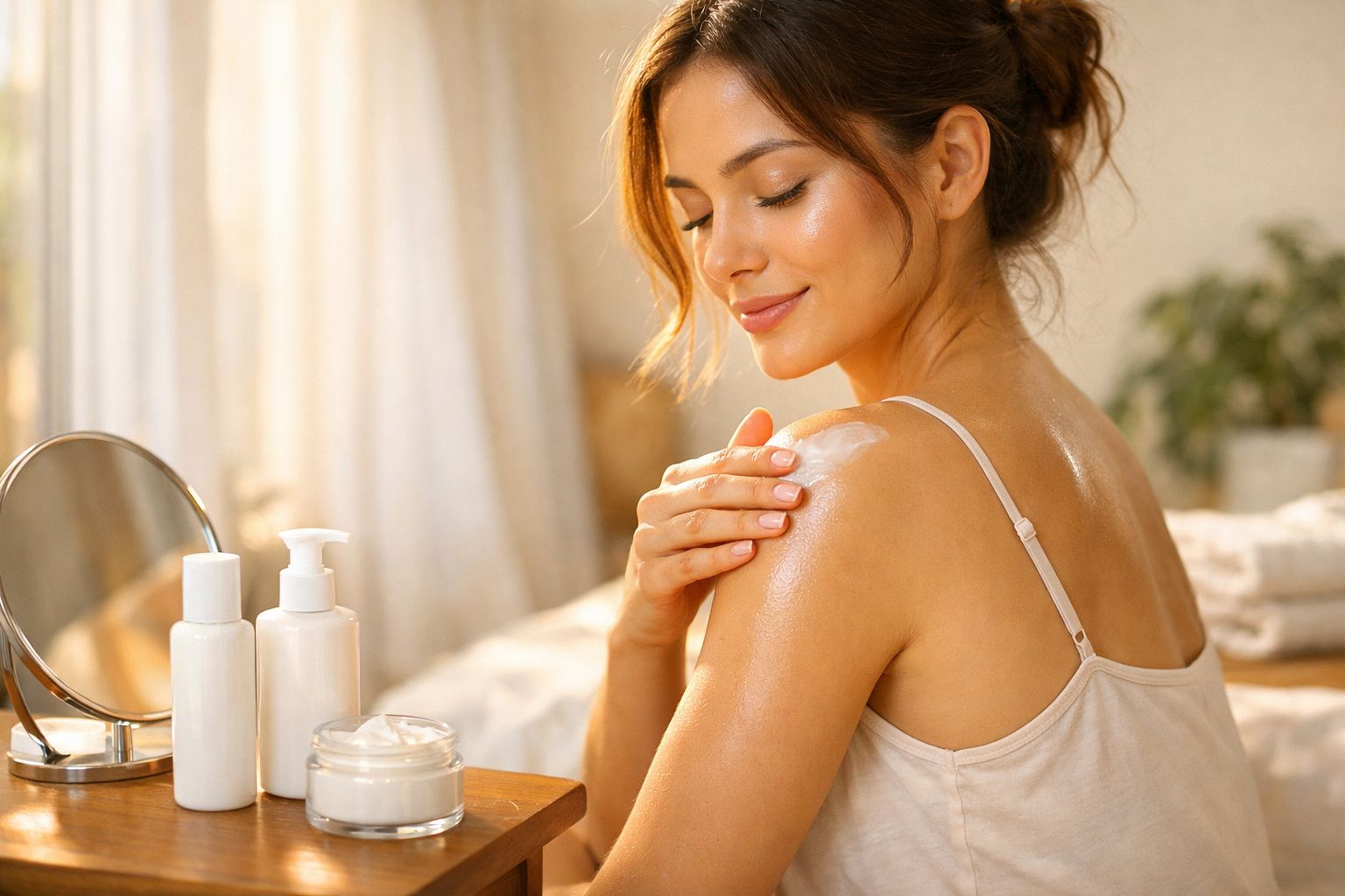 Mulher a aplicar creme hidratante no ombro numa divisão iluminada, com frascos de cosméticos à frente.