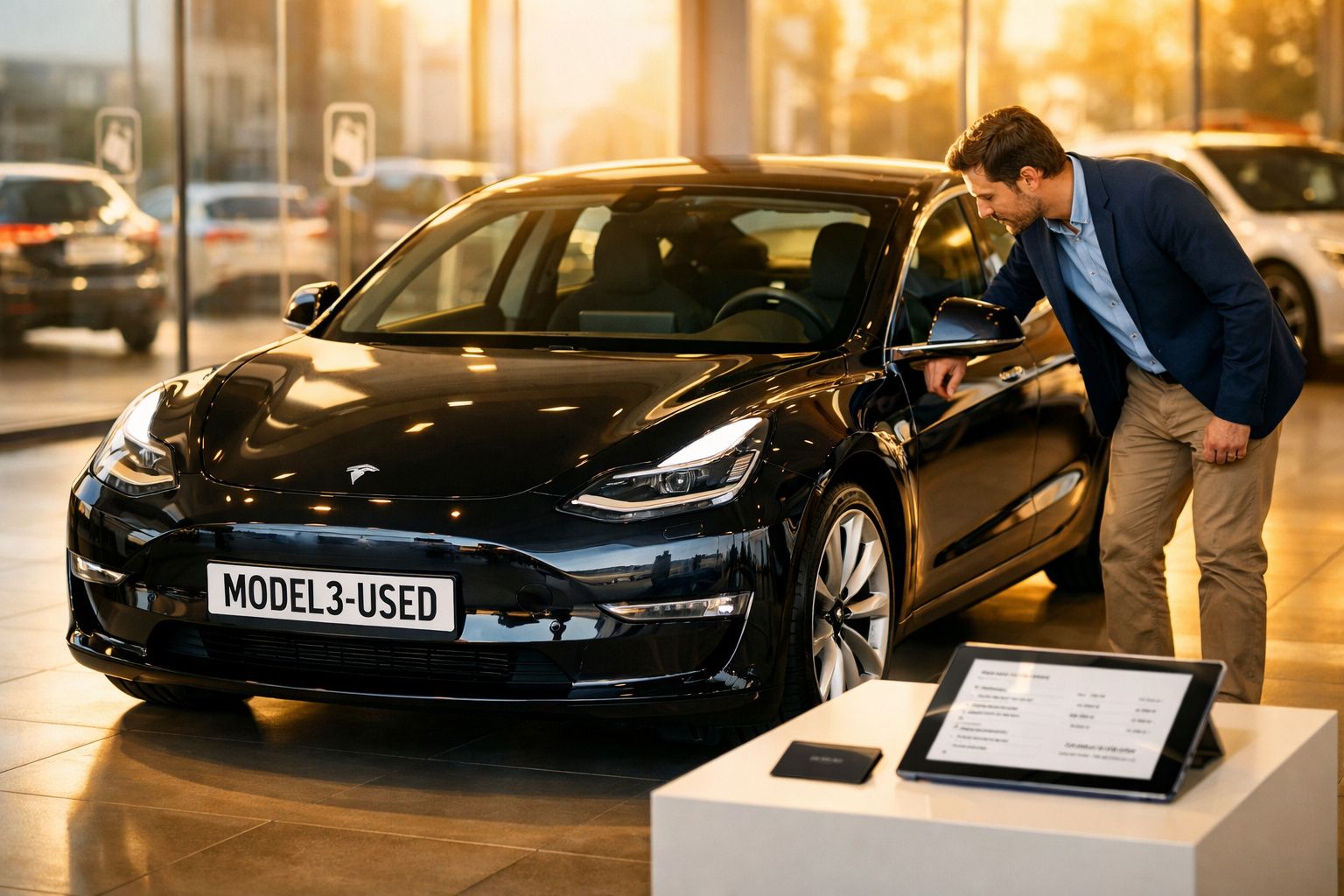Homem a inspecionar um carro elétrico Tesla Model 3 preto num stand automóvel iluminado.