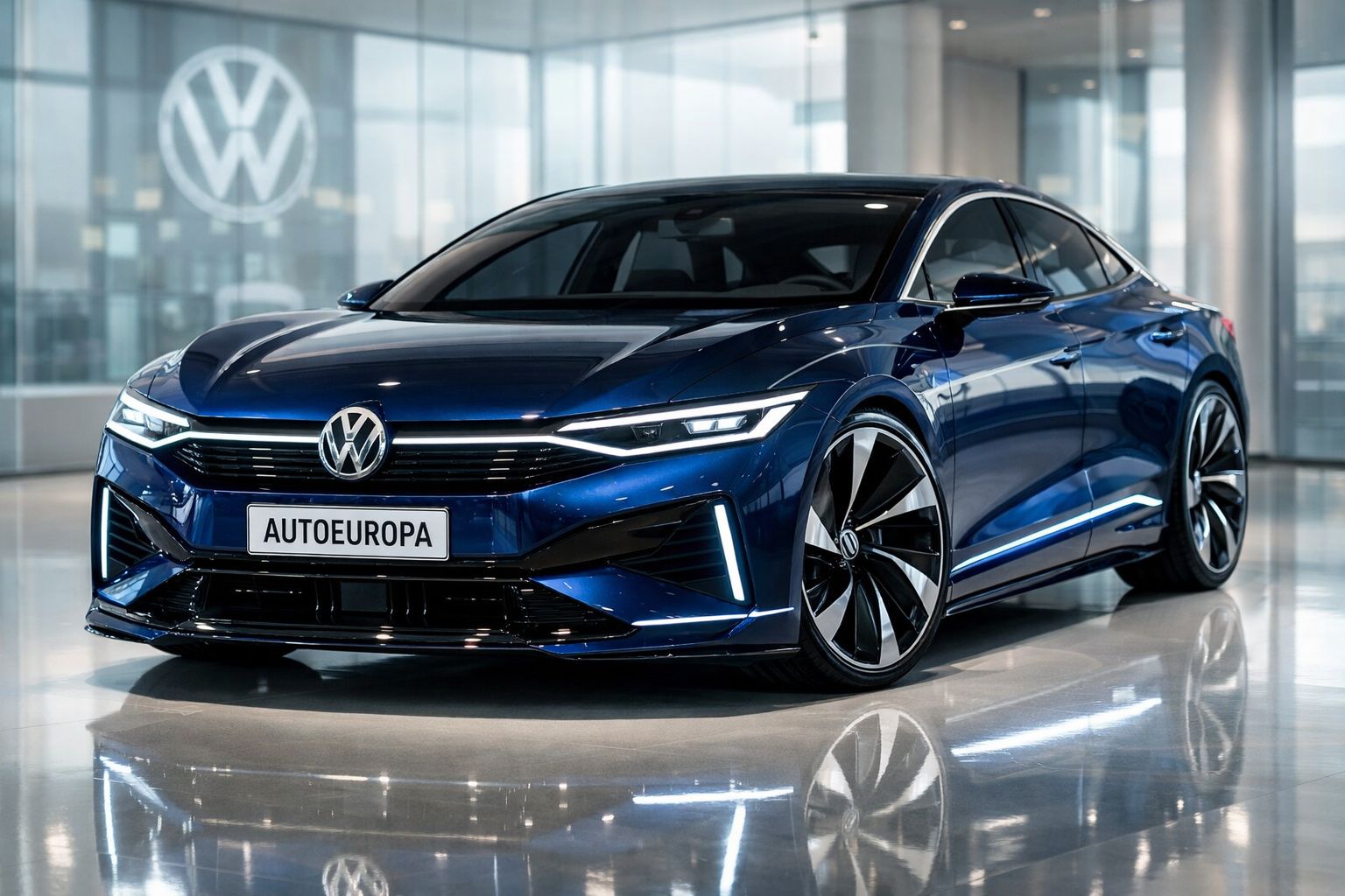 Carro elétrico Volkswagen azul escuro em showroom moderno com teto preto e jantes desportivas.