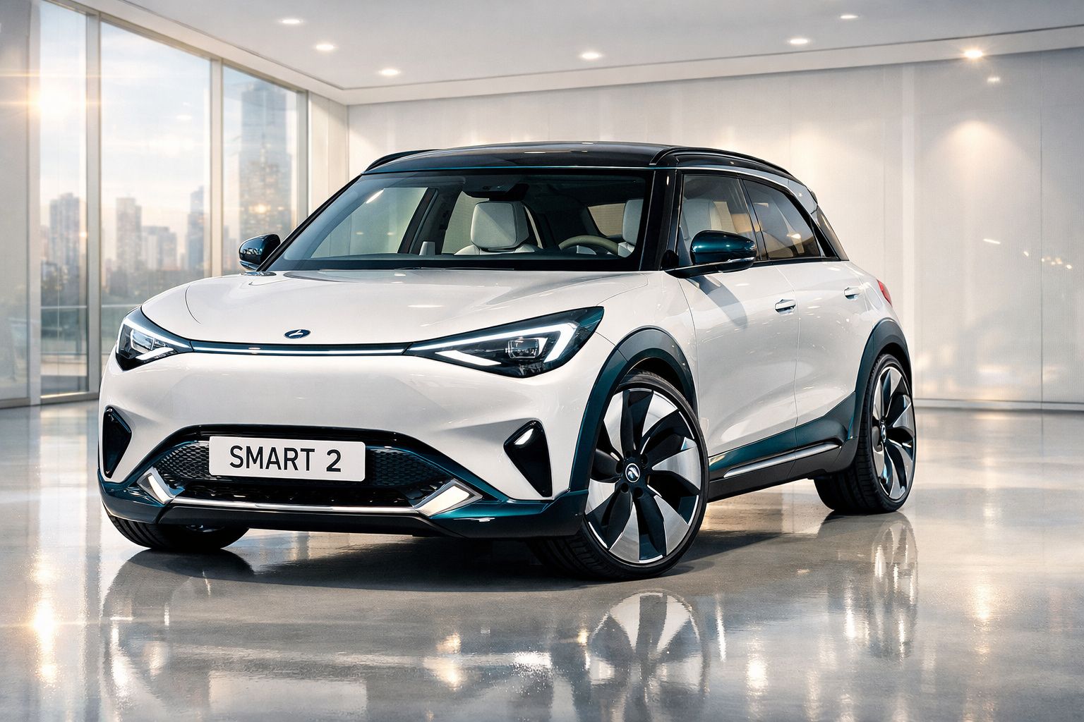 Carro elétrico Smart 2 branco e preto estacionado numa garagem com parede branca e janelas de vidro.