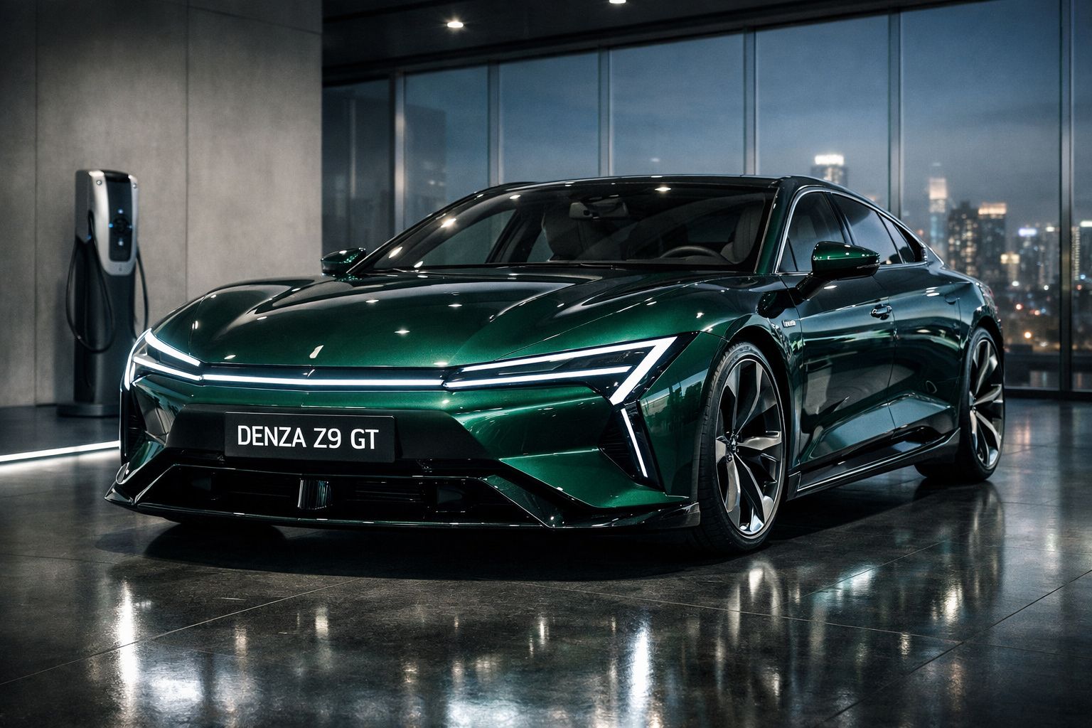 Carro eléctrico desportivo verde Denza Z9 GT estacionado numa garagem moderna com carregador elétrico.