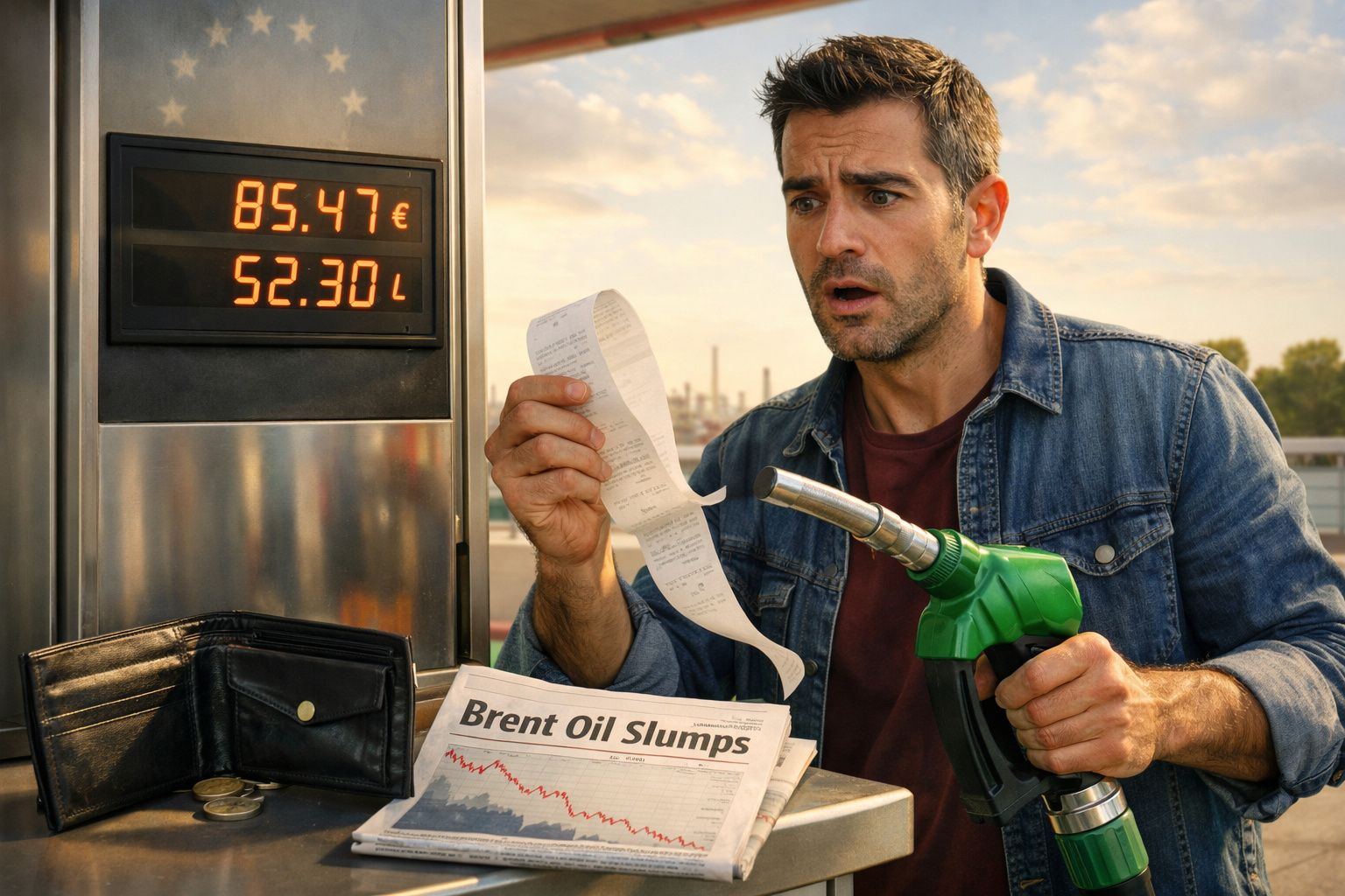 Homem chocado com o preço do combustível numa bomba e a conta elevada no posto de abastecimento.