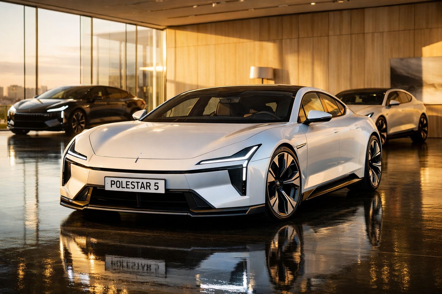 Carro elétrico branco Polestar 5 em exposição interior com dois carros ao fundo e piso refletor.