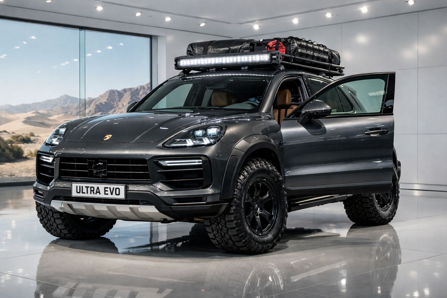 SUV Porsche Ultra Evo cinzento com porta aberta, pneus off-road e bagageira no tejadilho, em showroom.