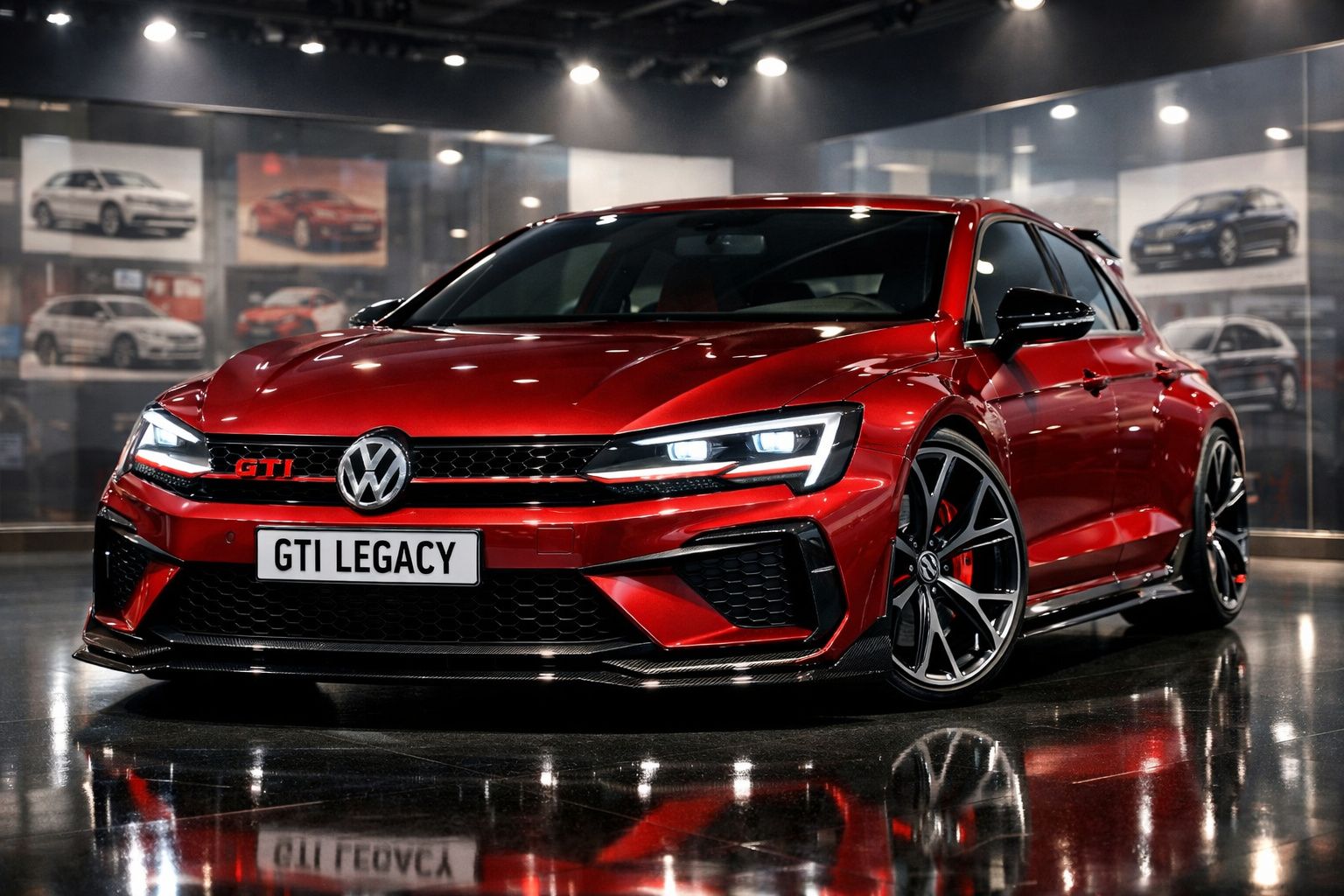 Volkswagen GTI vermelho brilhante estacionado em salão com luzes ambiente e reflexo no chão.
