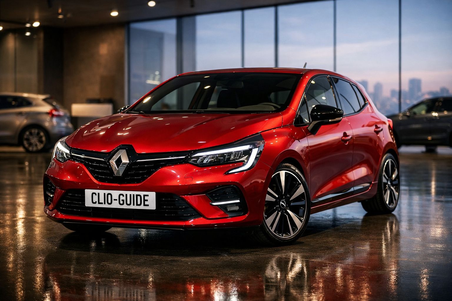 Renault Clio vermelho estacionado num espaço interior moderno com chão refletor.