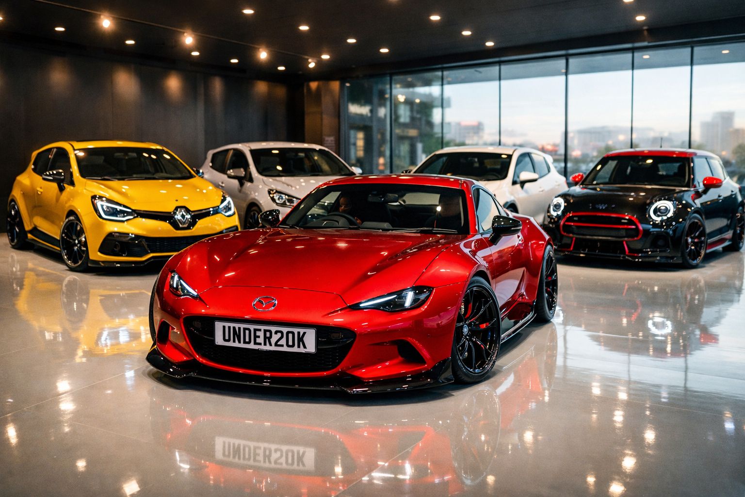 Carro desportivo vermelho em destaque numa garagem com vários carros modernos em fundo.