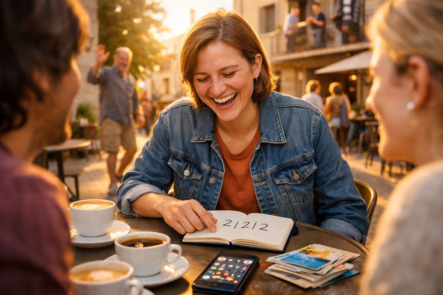 Mulher sorridente mostra anotações num caderno enquanto conversa com amigos numa esplanada ao final da tarde.