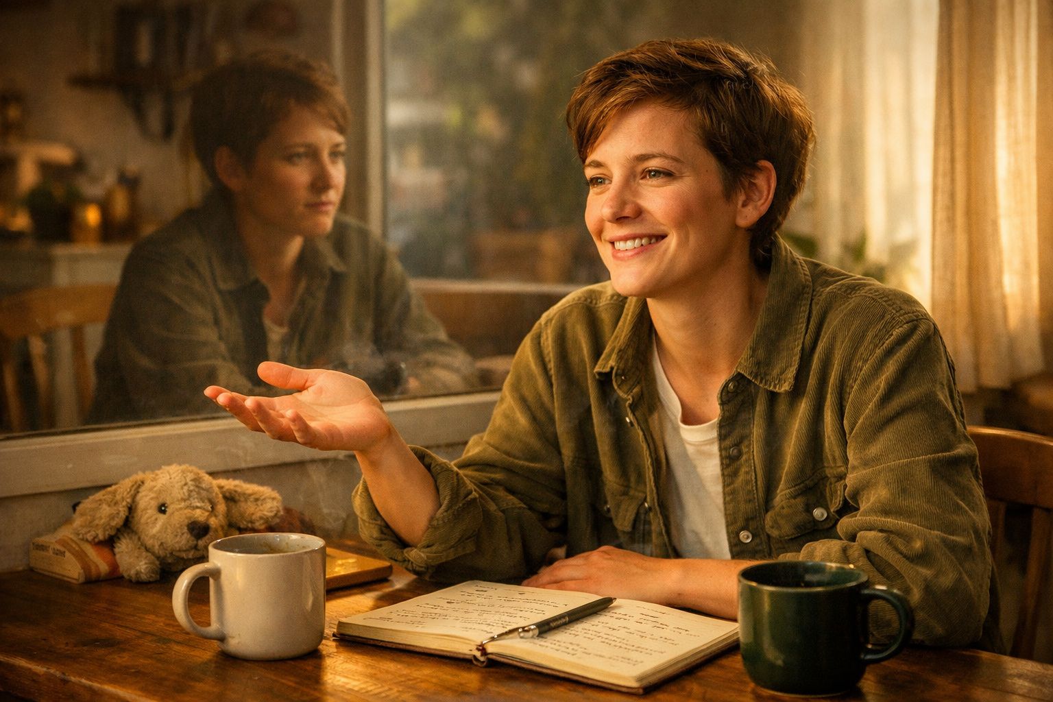 Mulher sorridente sentada numa mesa de madeira com livros e canecas, refletida no vidro atrás dela.