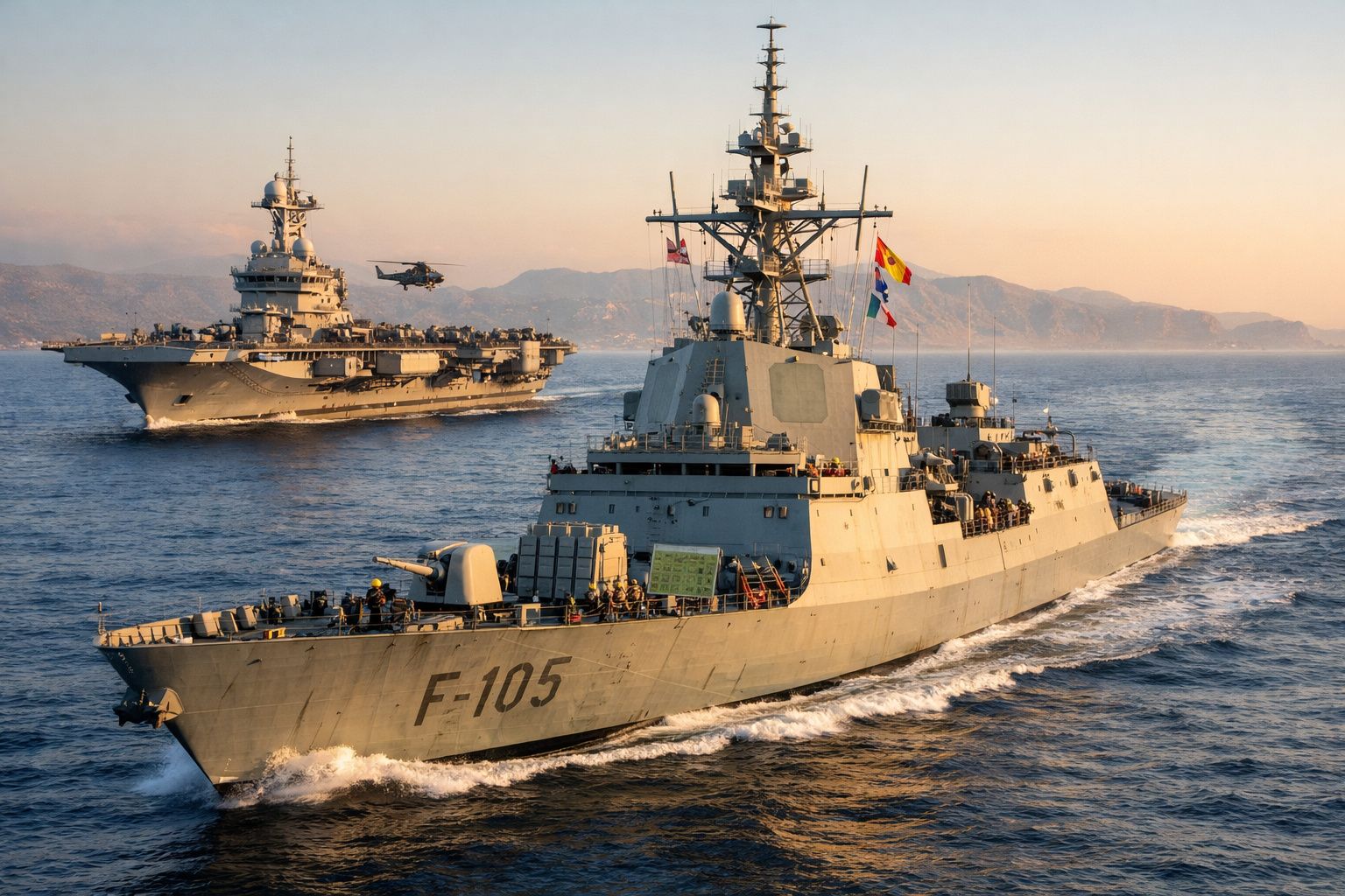 Fragata F-105 da marinha espanhola com porta-aviões ao fundo no mar durante o pôr do sol.