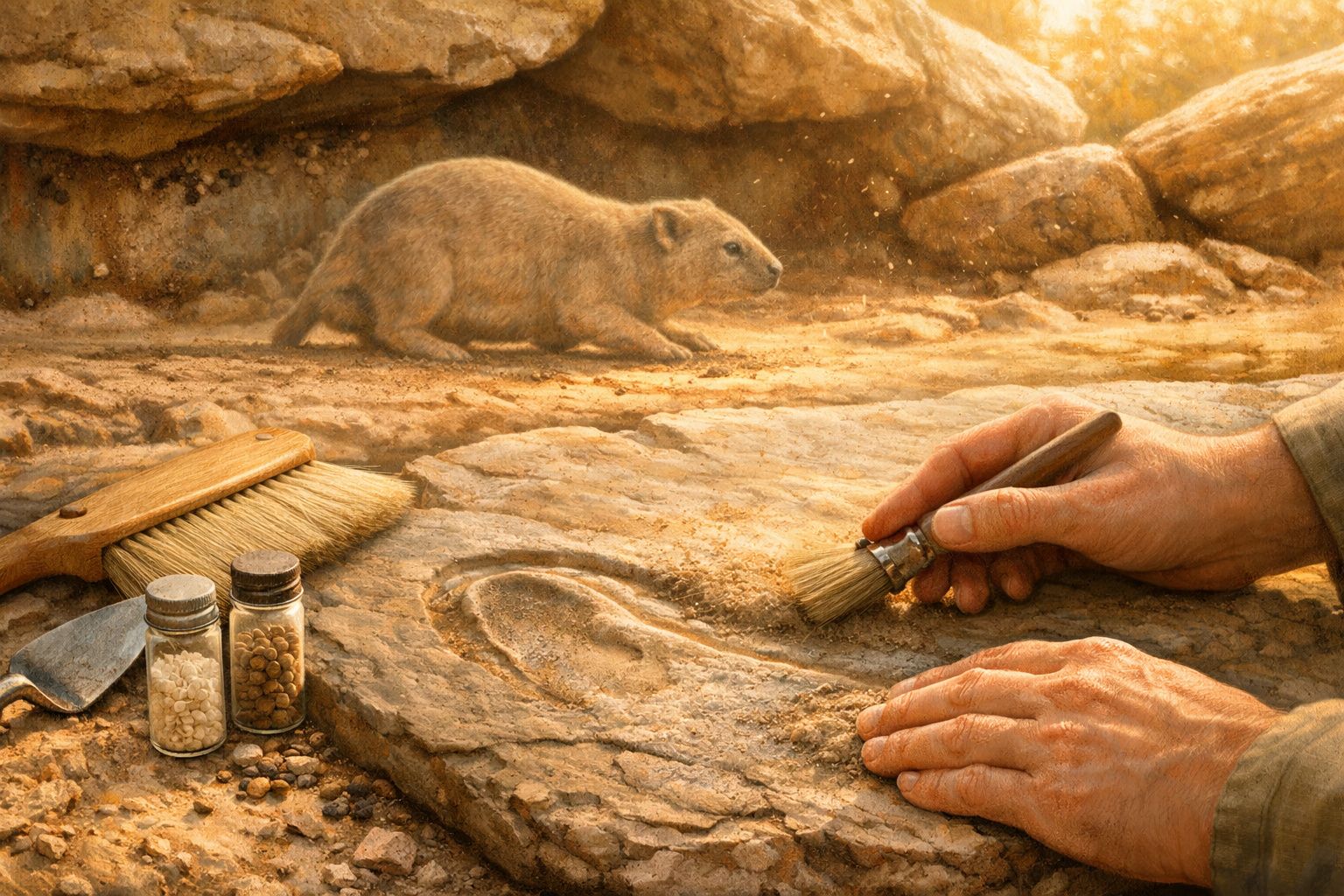 Mãos a limparem delicadamente um fóssil com pincel, com pequenos frascos e um rato na pedra ao fundo.