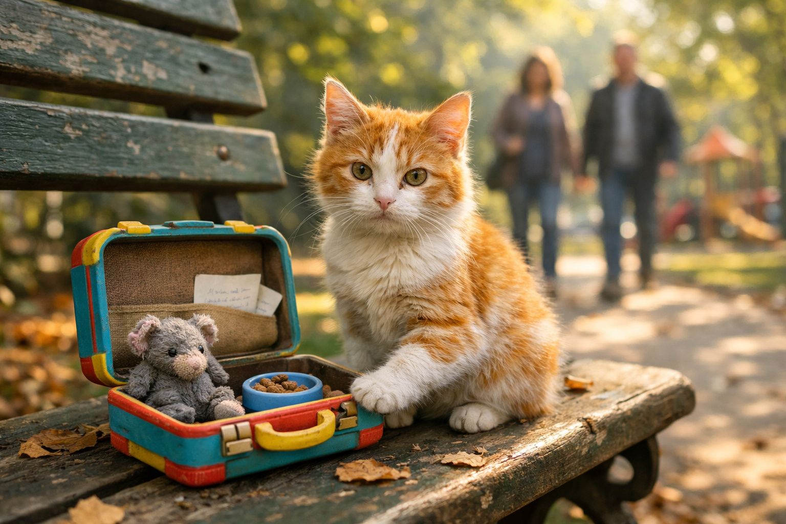 Gato laranja sentado num banco junto a uma mala de brinquedos com comida, em parque com pessoas ao fundo.