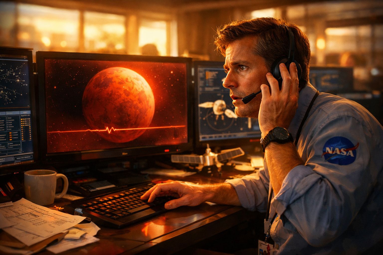 Homem com fone e camisa da NASA analisa dados espaciais numa sala com vários ecrãs e um modelo de satélite.