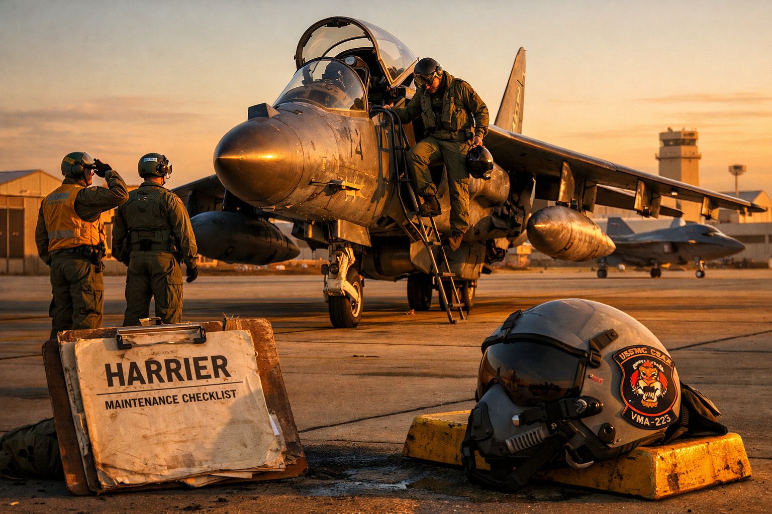 Fuzileiros navais ao redor de caça Harrier em pista de aeroporto ao pôr do sol, com checklist de manutenção visível.