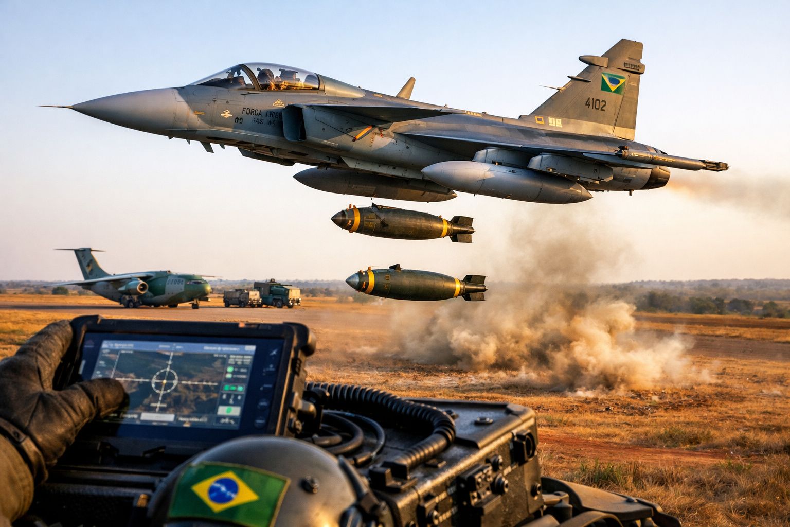 Caça da Força Aérea Brasileira a lançar bombas durante treino militar com equipamento de controlo ao fundo.