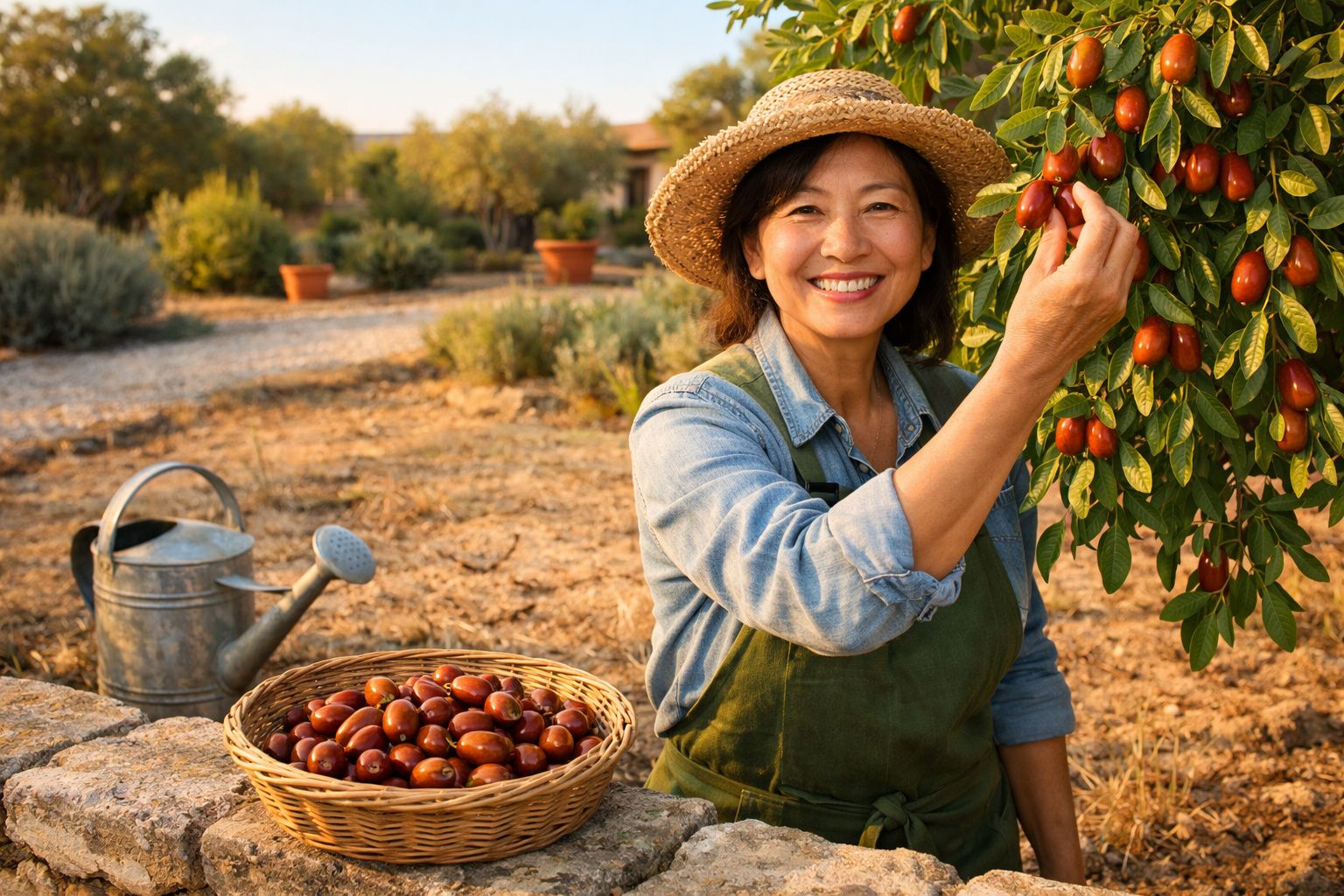Mulher com chapéu colhendo frutos num pomar, com cesta cheia e regador ao lado num dia ensolarado.
