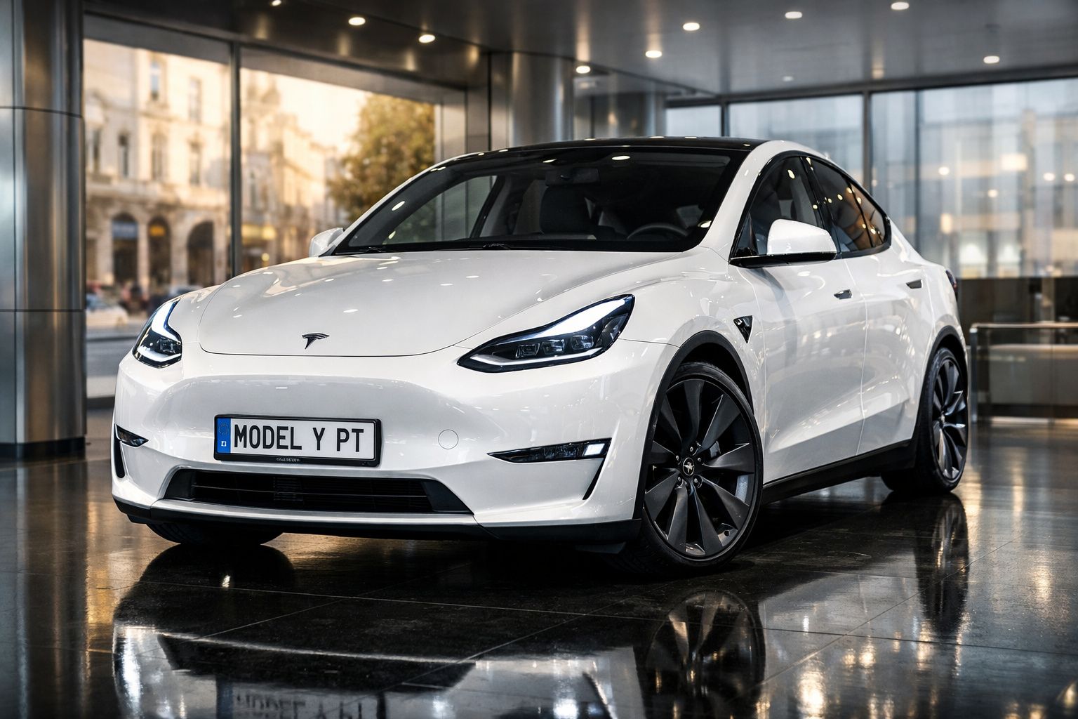 Carro elétrico Tesla Model Y branco, estacionado em piso interior com janelas de vidro amplas.