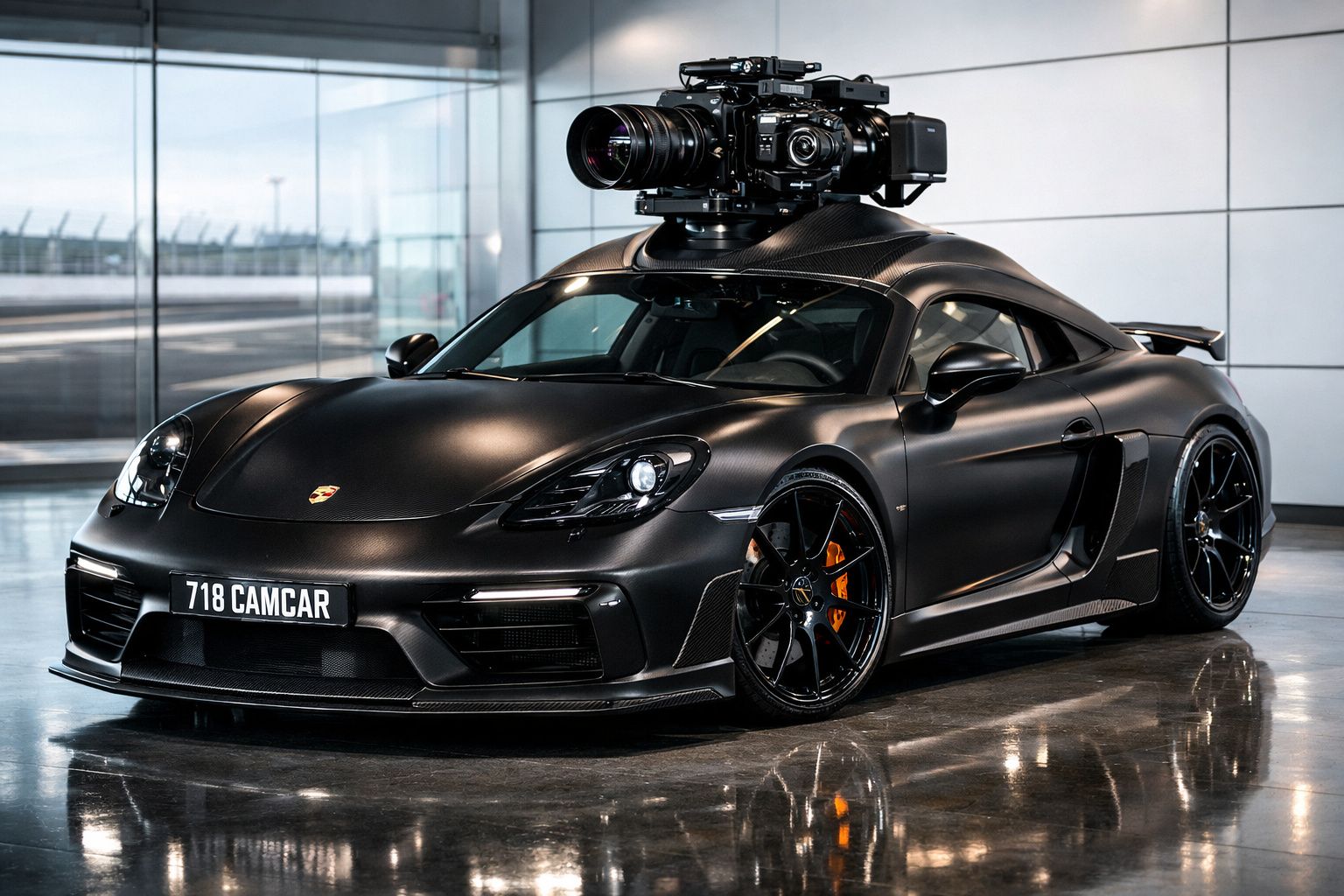 Carro desportivo preto com câmara profissional de filmagem instalada no tejadilho, em ambiente interior.