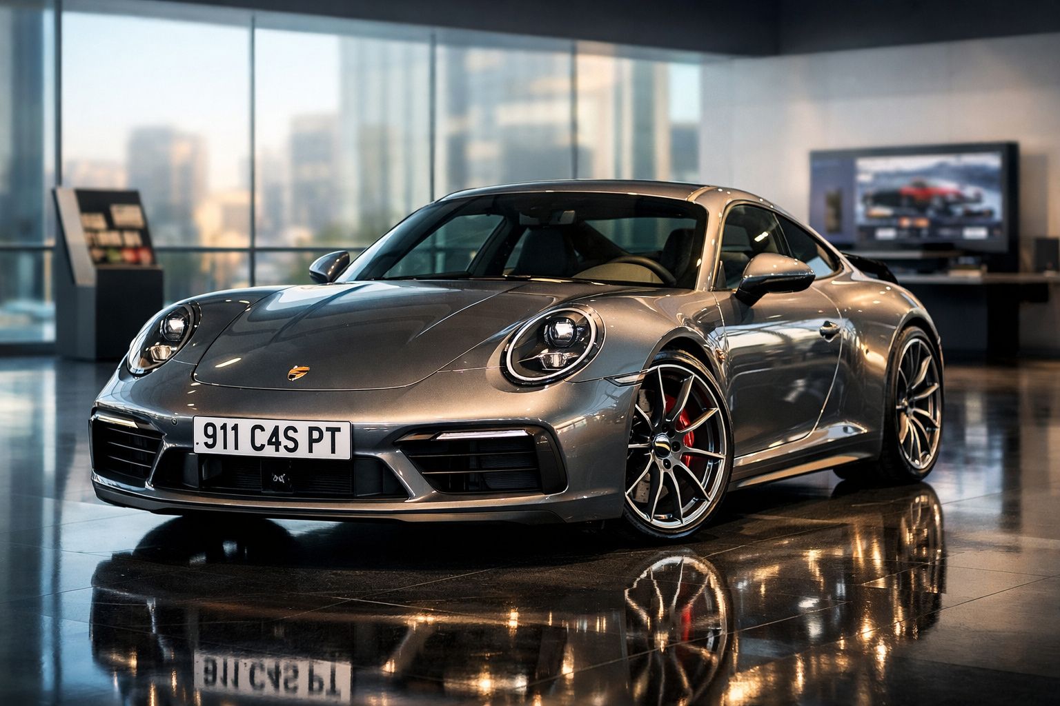 Carro desportivo Porsche cinzento estacionado em interior moderno com chão refletor.