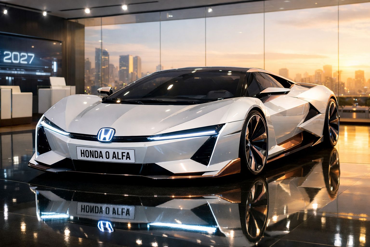 Carro desportivo futurista branco Honda O Alfa estacionado em interior urbano moderno ao pôr do sol.