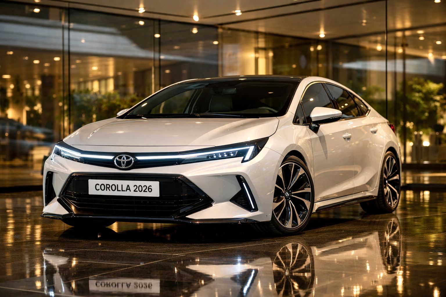 Toyota Corolla 2026 branco estacionado em ambiente urbano com reflexo no chão molhado.