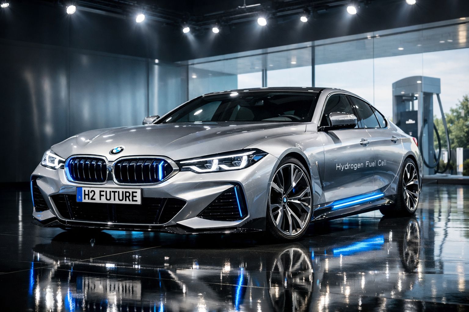 Carro BMW prata moderno com placa H2 Future e luzes azuis, num ambiente interior brilhante.