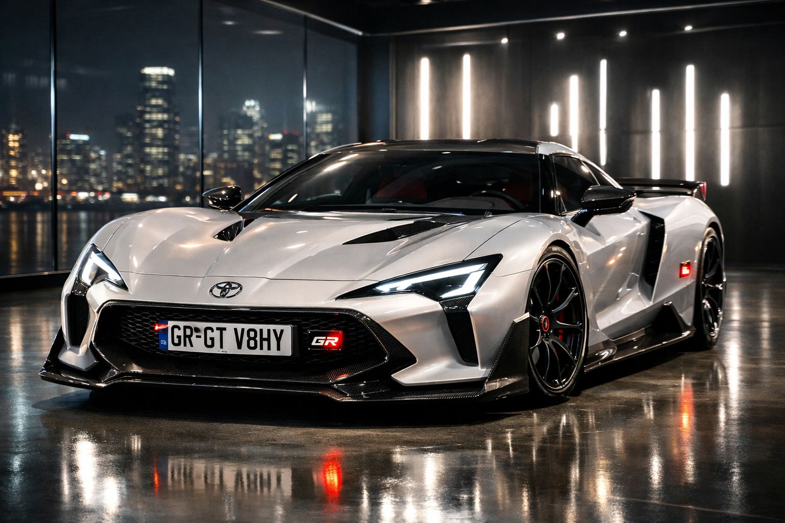 Carro desportivo Toyota GR de cor prata com detalhes pretos em ambiente urbano noturno.