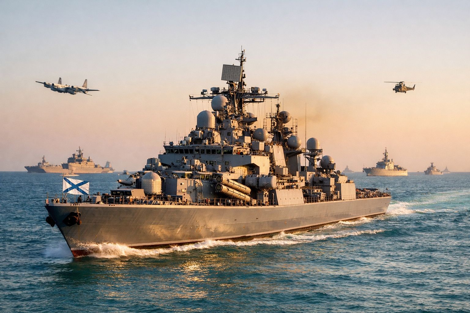 Navio militar russo no mar com outro navio, um avião e um helicóptero ao fundo durante o pôr do sol.