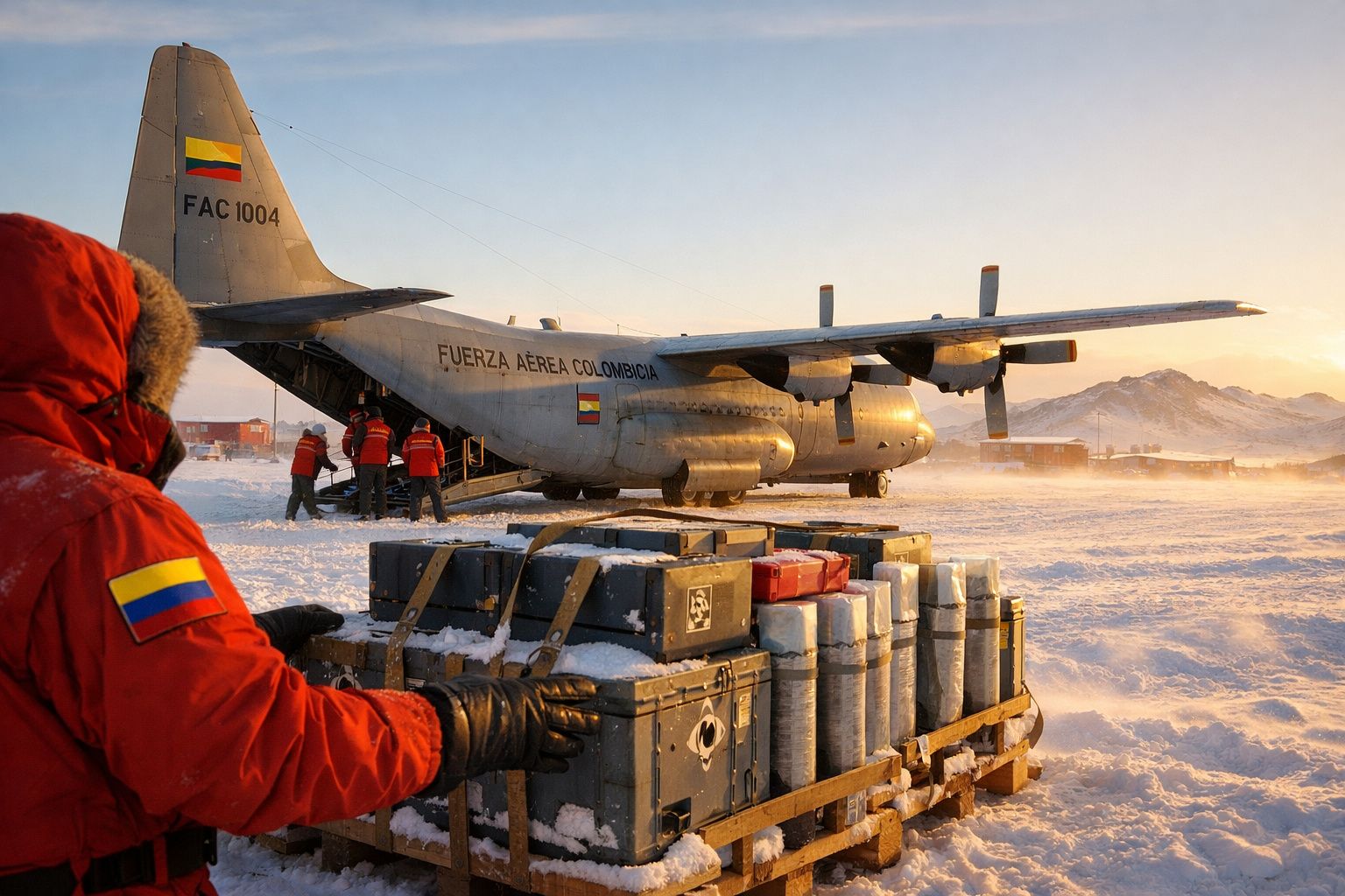 Militares da força aérea colombiana preparam carga para avião militar num cenário nevado ao entardecer.