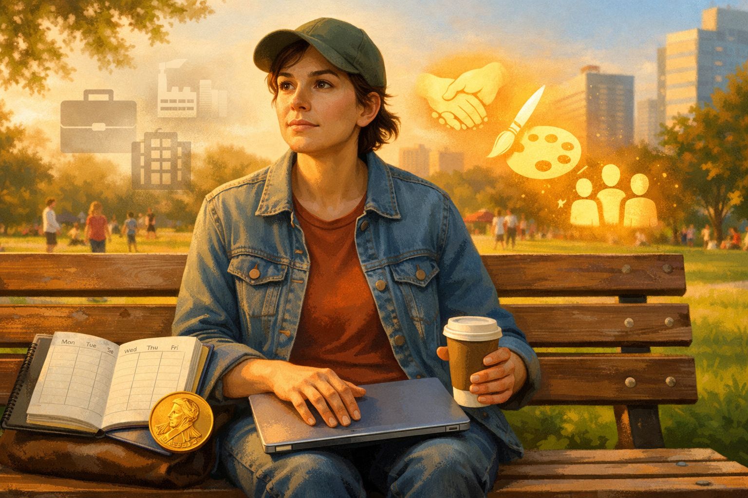 Pessoa sentada num banco de parque com laptop e café, refletindo sobre escolhas profissionais e criativas.