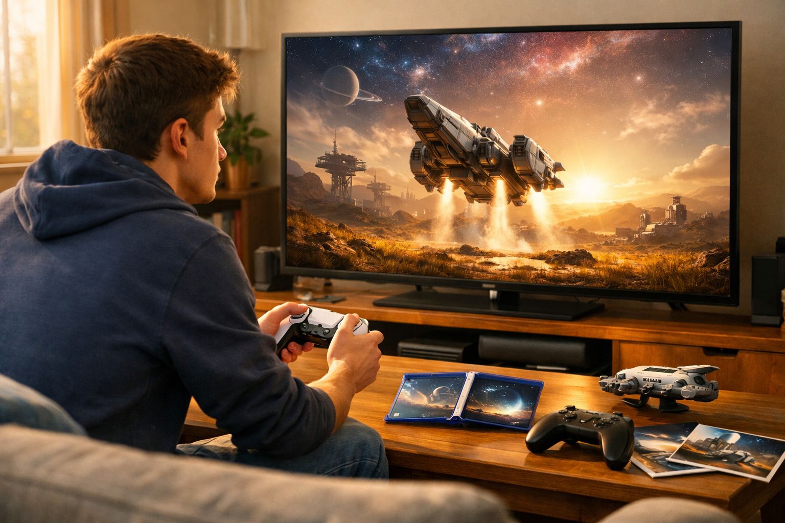 Homem joga videojogo de ficção científica com nave espacial a descolar no ecrã da TV.