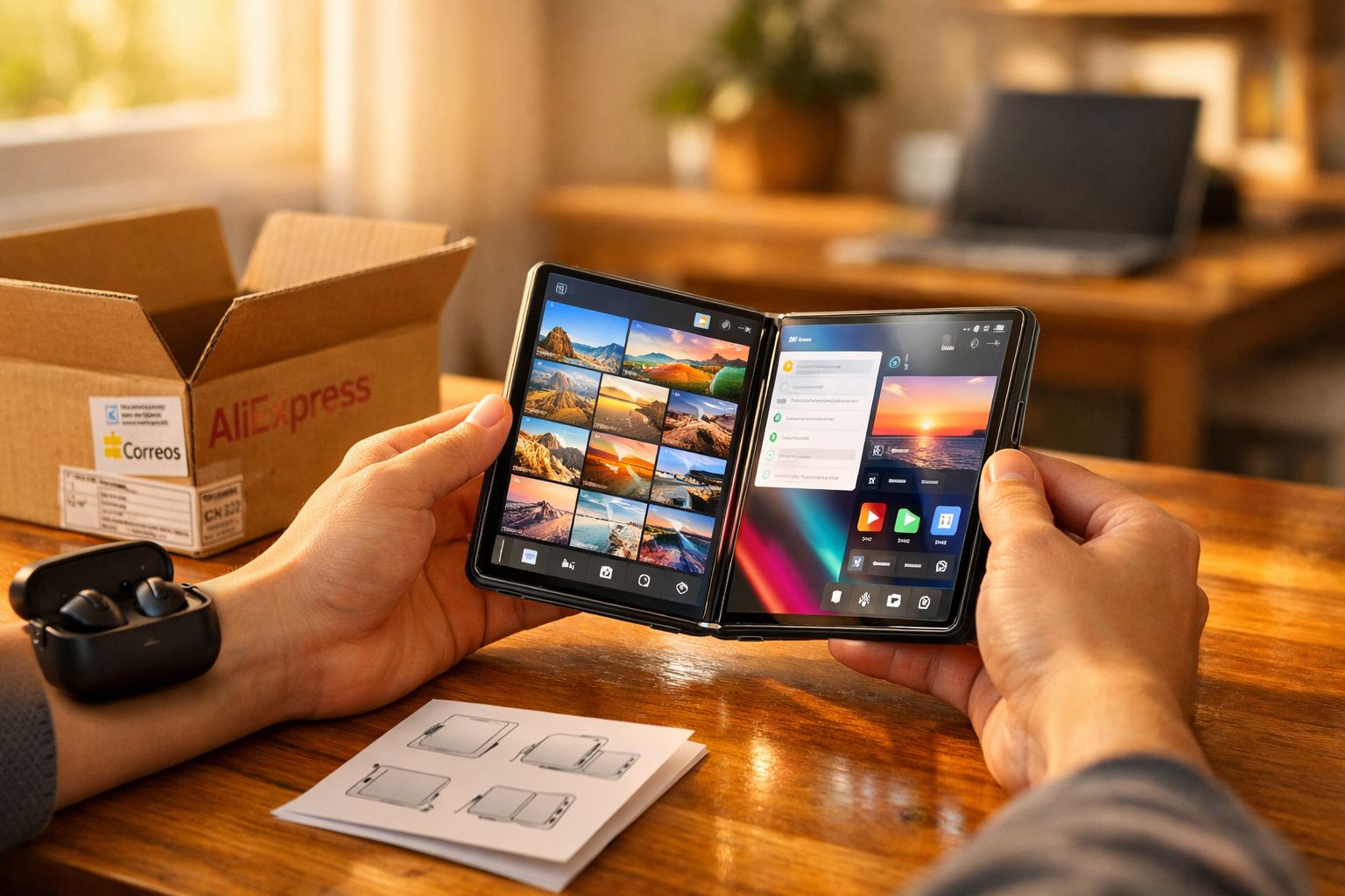 Mãos seguram telemóvel dobrável com ecrã dividido mostrando galerias de fotos e aplicações numa mesa de madeira.