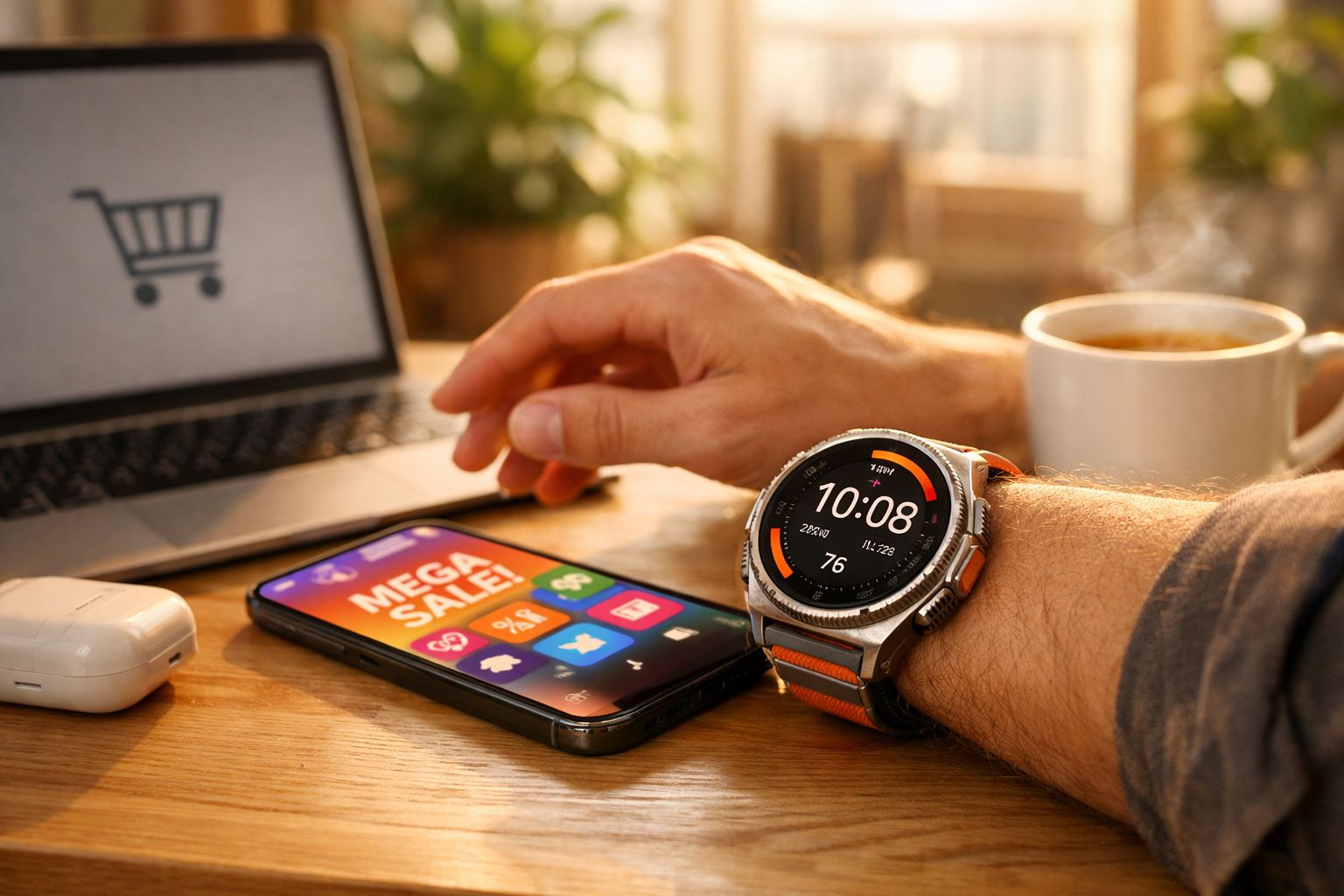 Pessoa com relógio inteligente a usar telemóvel com oferta de venda em destaque numa mesa com computador e chá.
