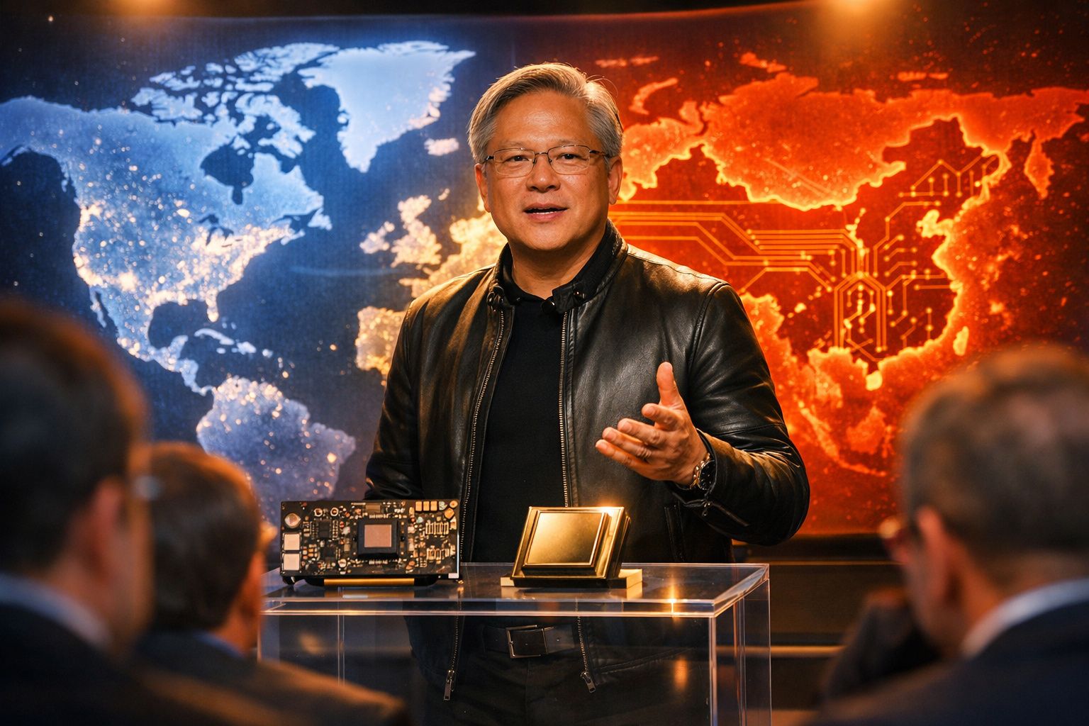 Homem a apresentar placa eletrónica em frente a mapa do mundo iluminado em azul e vermelho.