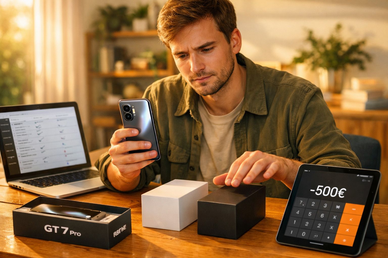 Homem a analisar smartphone com duas caixas e tablet com calculadora a mostrar desconto de 500 euros.