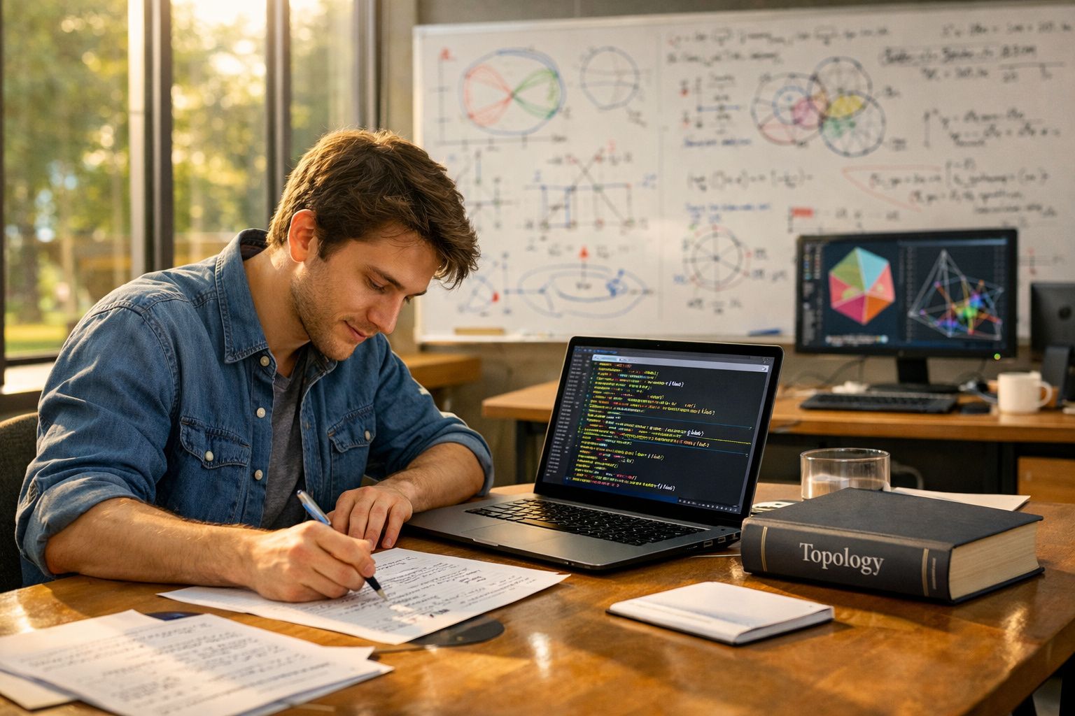 Homem a estudar matemática com anotações manuscritas, laptop com código e livro de topologia.