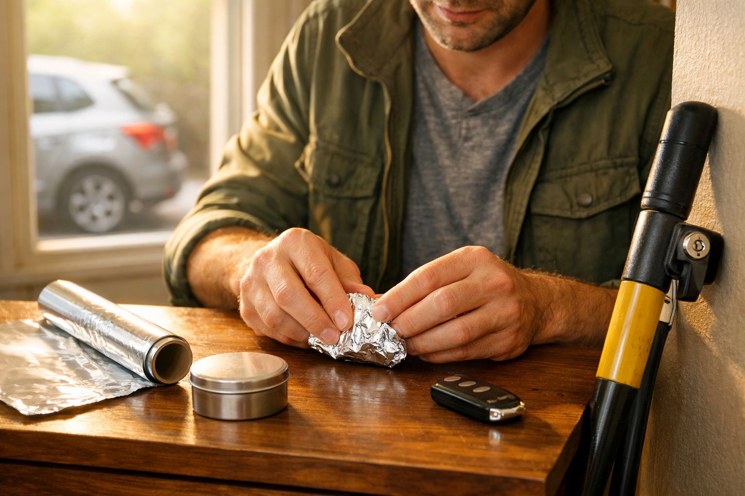 Homem a enrolar um cigarro de tabaco com papel alumínio numa mesa com vários objetos.
