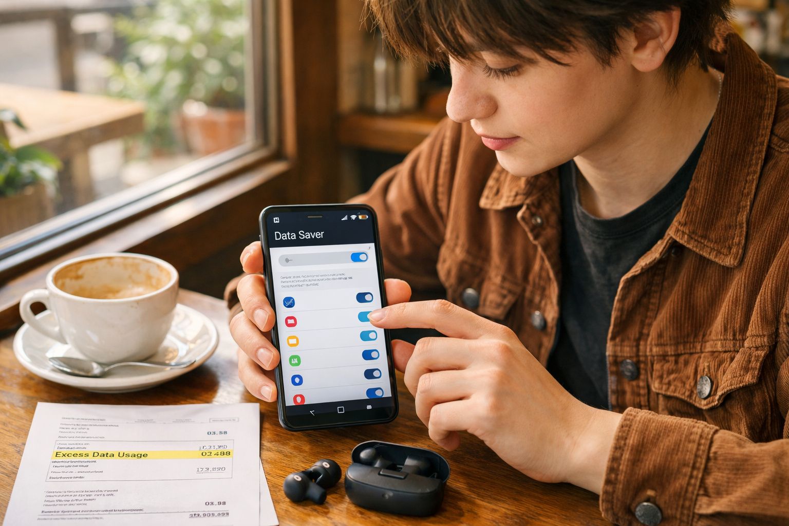 Pessoa ativa as definições de poupança de dados num smartphone junto a uma mesa de café com documentos e café.