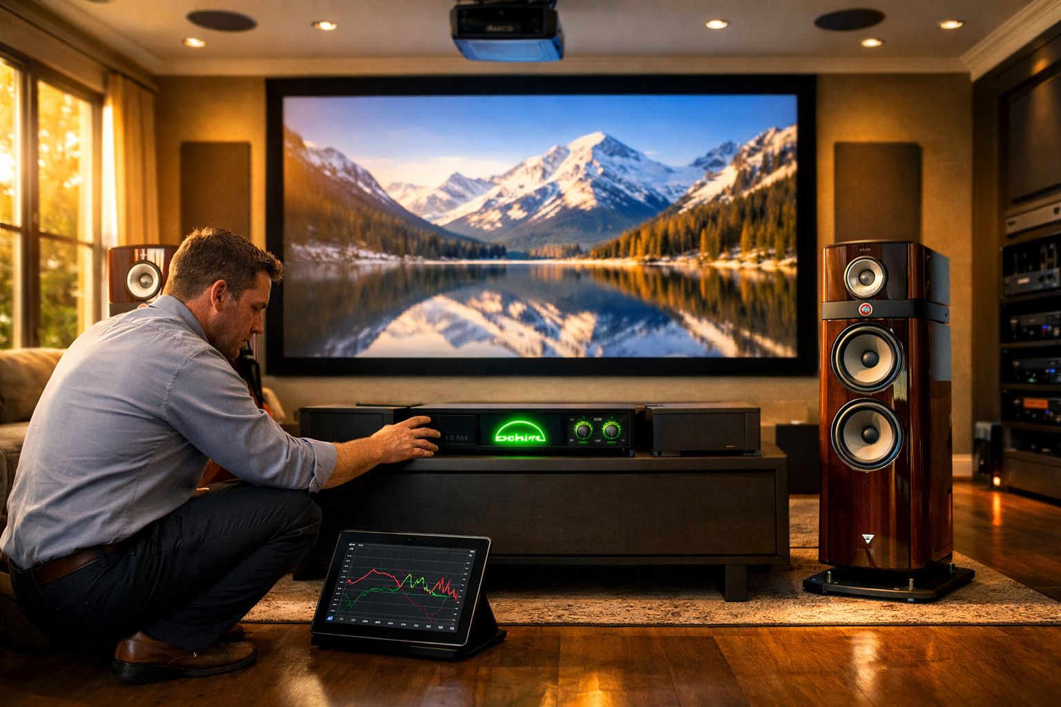 Homem ajusta equipamento de som numa sala com colunas grandes e ecrã de paisagem montanhosa.