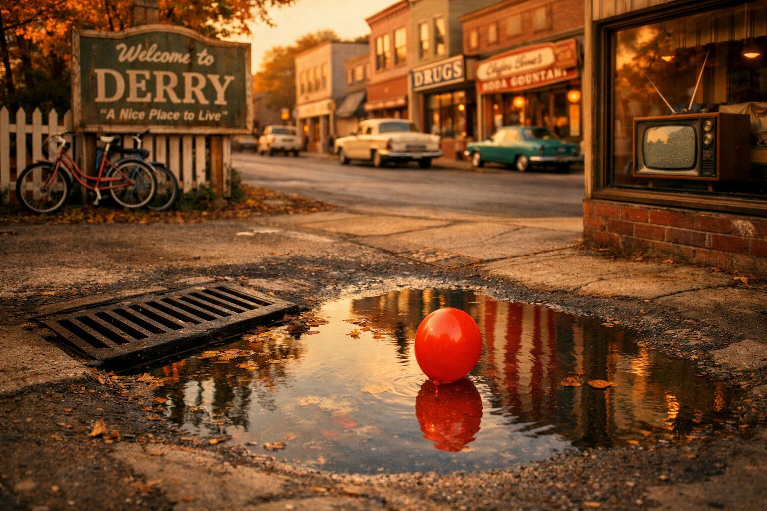 Bairro tranquilo ao entardecer com um balão vermelho numa poça de água e um letreiro a dizer "Welcome to Derry".