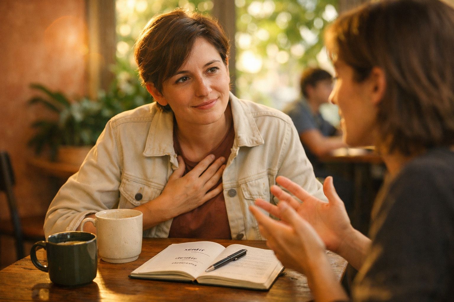 Duas mulheres a conversar num café, com canecas e um caderno aberto sobre a mesa.
