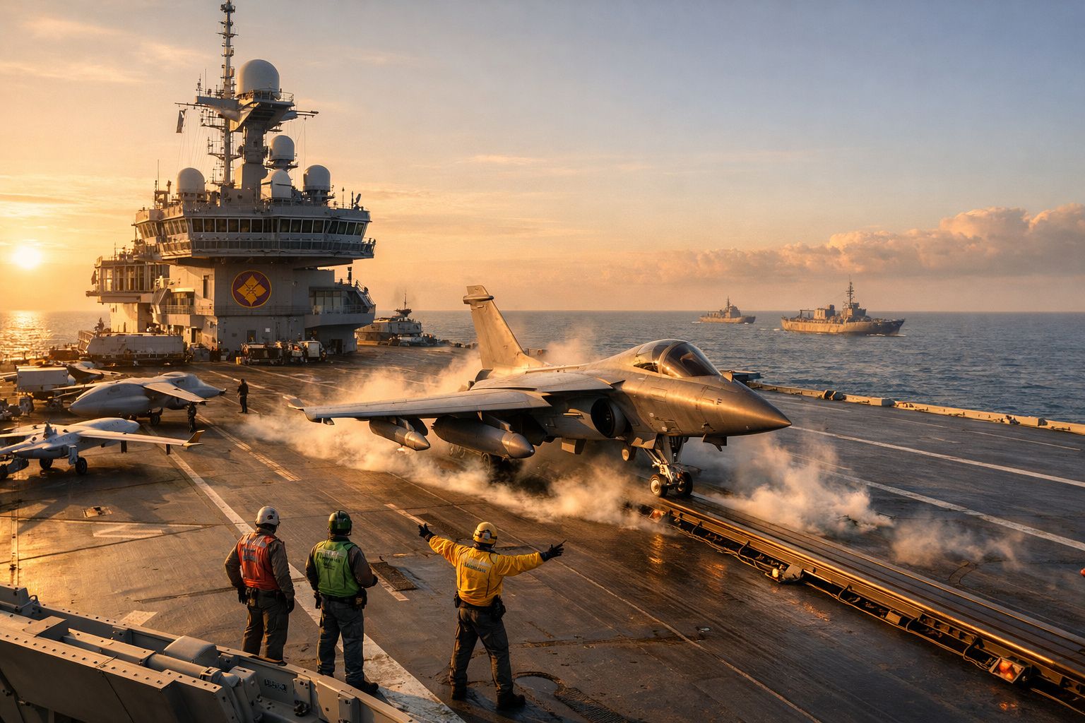 Porta-aviões ao pôr do sol com caça militar pronto para descolar e tripulação em acréscimo no convés.