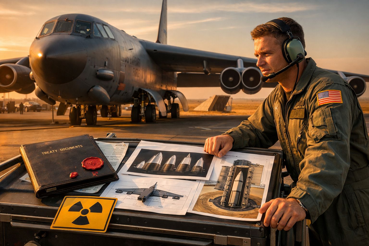 Piloto militar com fones, junto a documentos e imagens de armamento nuclear, com avião militar ao fundo ao pôr do sol.