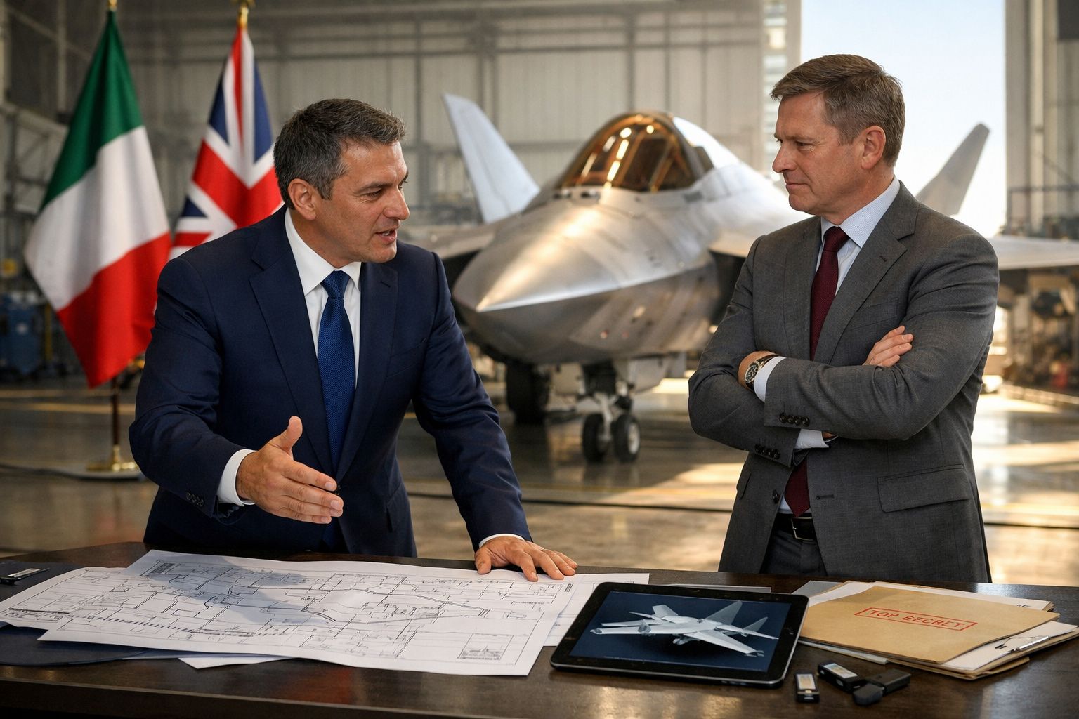 Dois homens em fato debatem planos de um jato militar num hangar com bandeiras da Itália e Reino Unido.