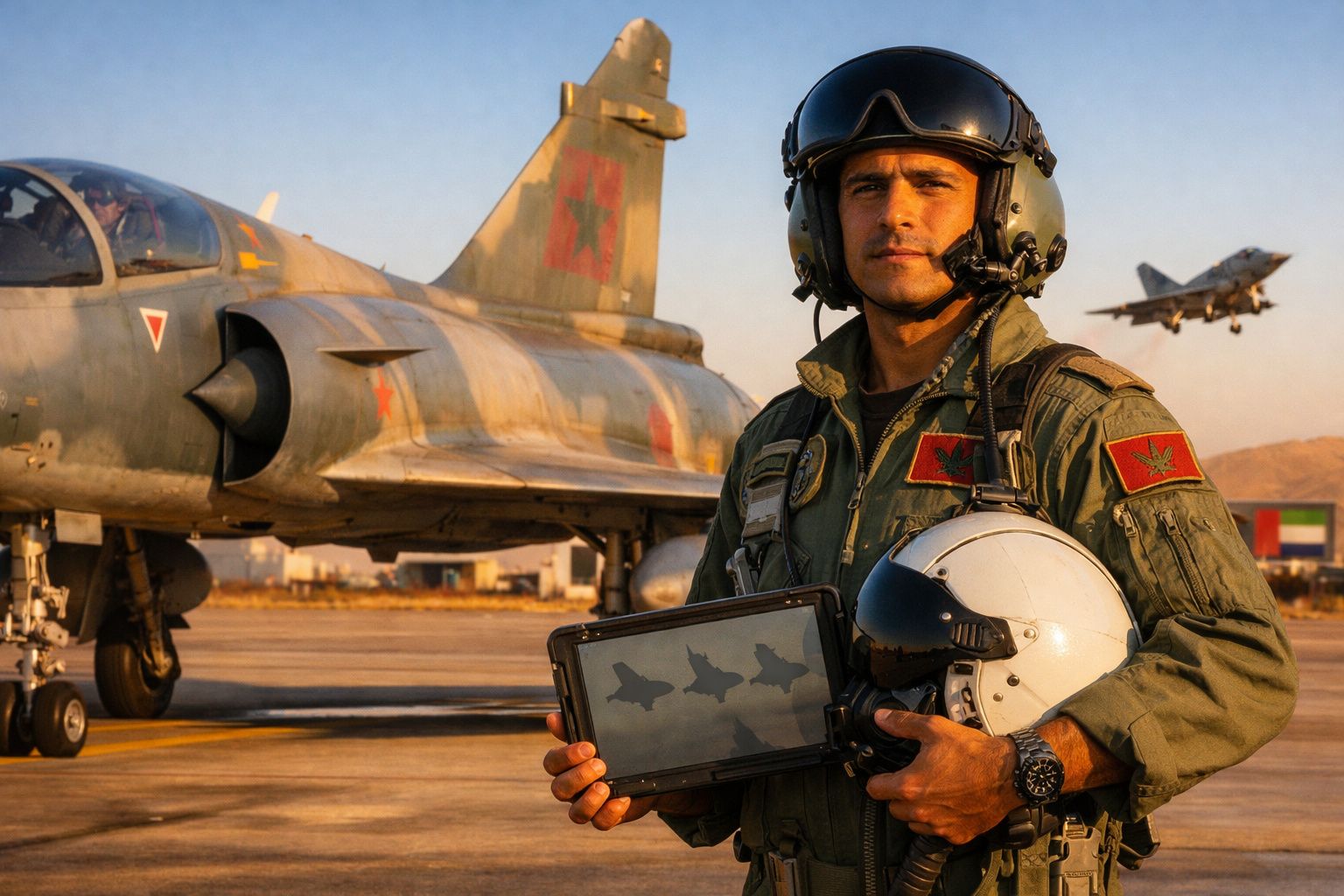 Piloto militar com farda segura capacete e tablet, com aviões de combate no fundo durante o pôr do sol.