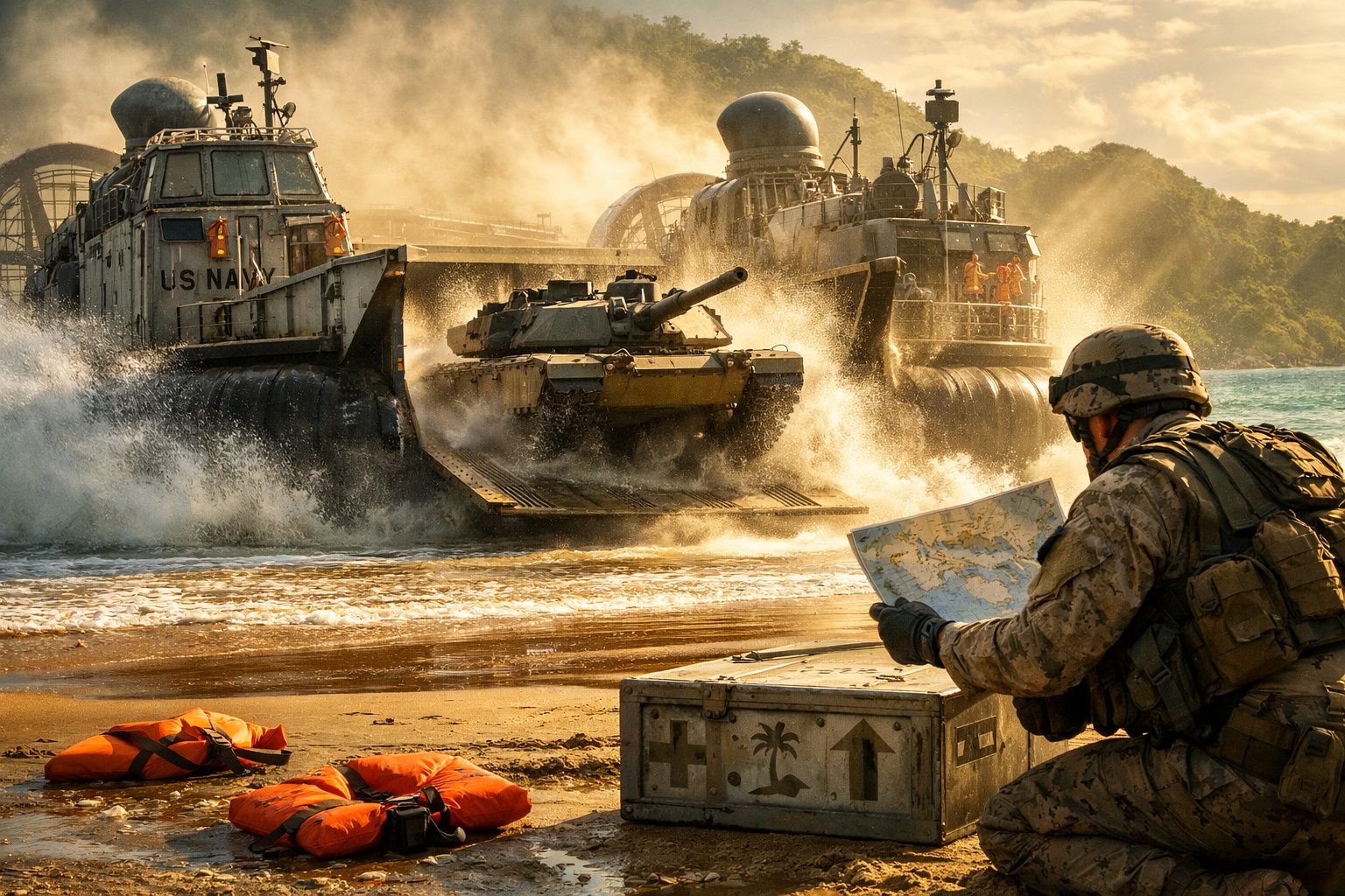 Soldado armado consultando mapa na praia durante chegada de tanque e barcos militares US Navy ao litoral.