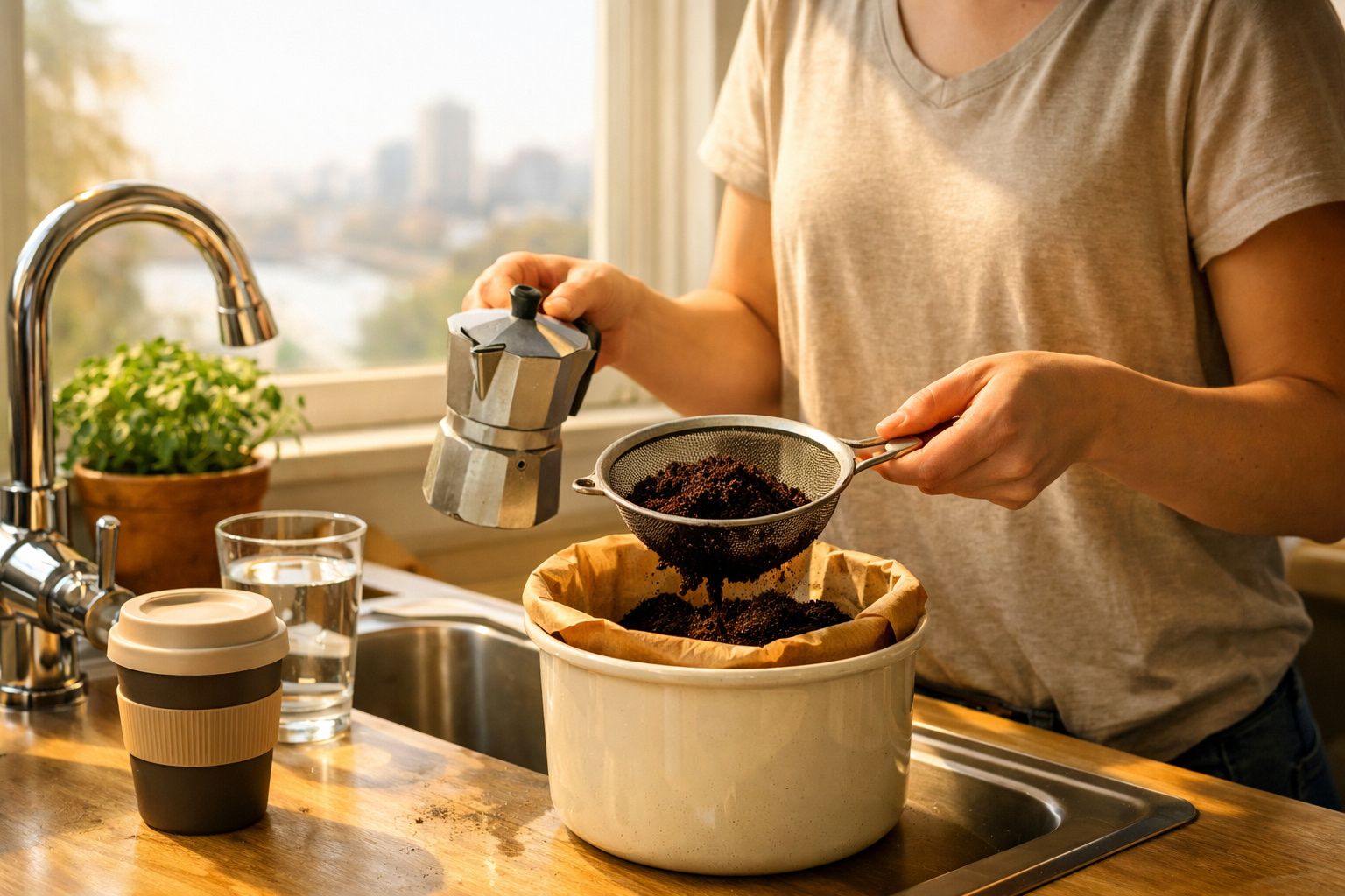 Pessoa a preparar café em casa com filtro de papel e cafeteira italiana perto da janela.