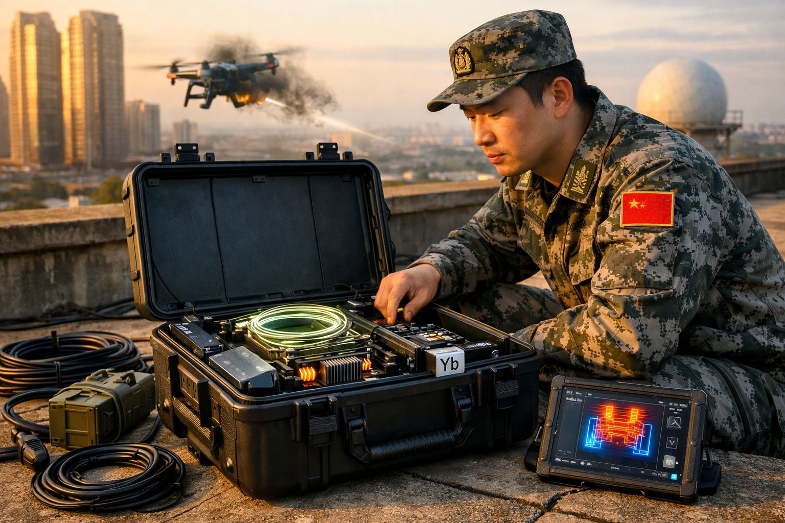 Soldado chinês em uniforme digital junto a equipamento tecnológico numa mala preta e drone a voar sobre cobertura urbana.